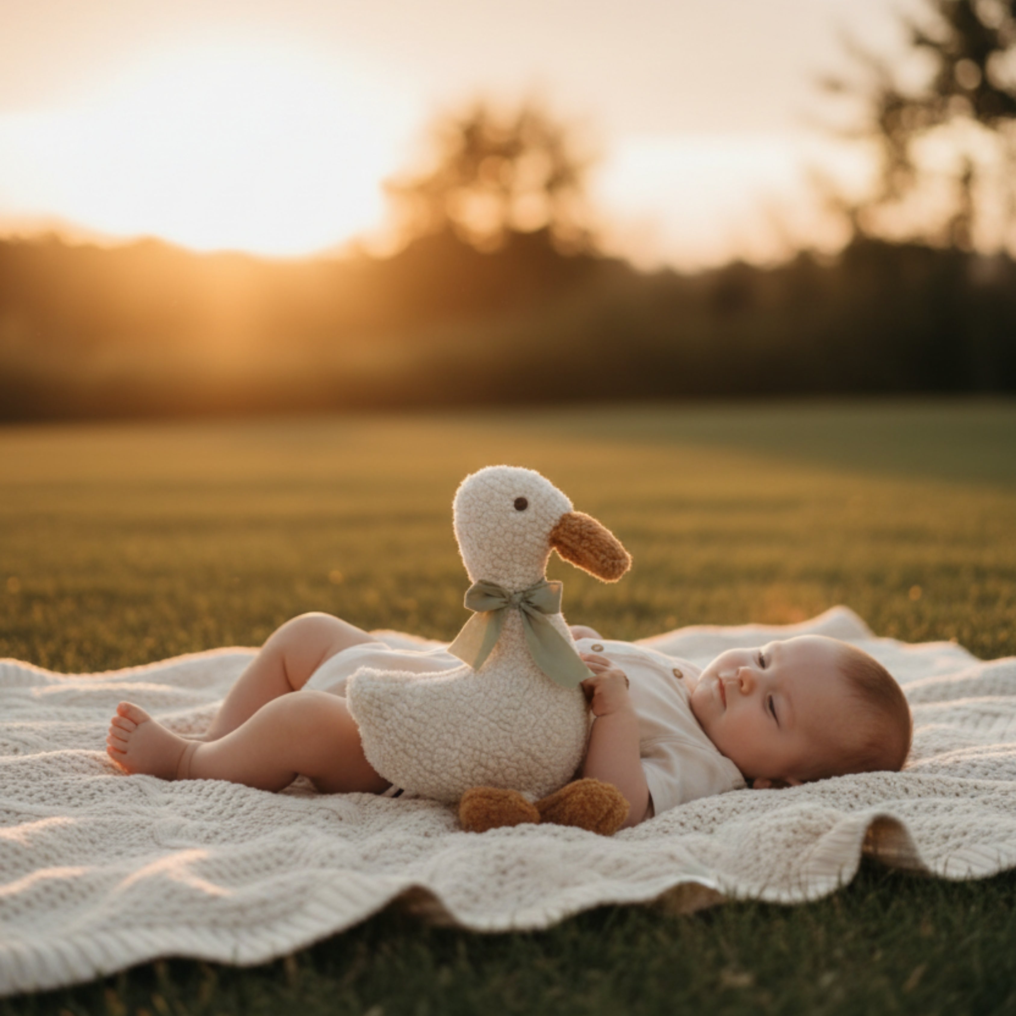 A baby lying on a soft blanket outdoors at sunset, holding Minilu the Goose Sleep Companion — an organic plush that brings gentle calm and emotional security.