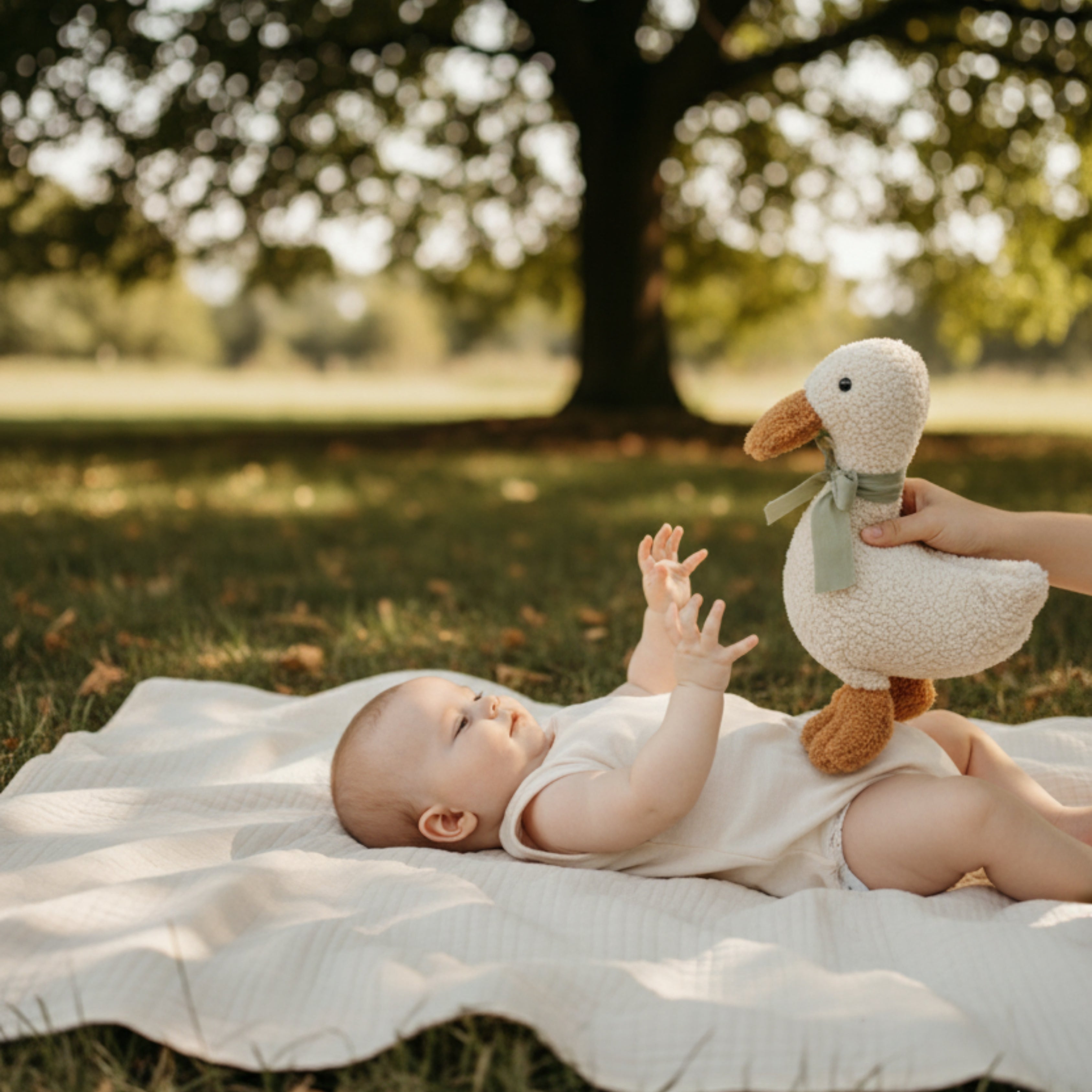 A baby lying on a blanket outdoors reaching out to Minilu the Goose Sleep Companion being handed to them — an organic plush symbolizing early bonding and calm interaction.