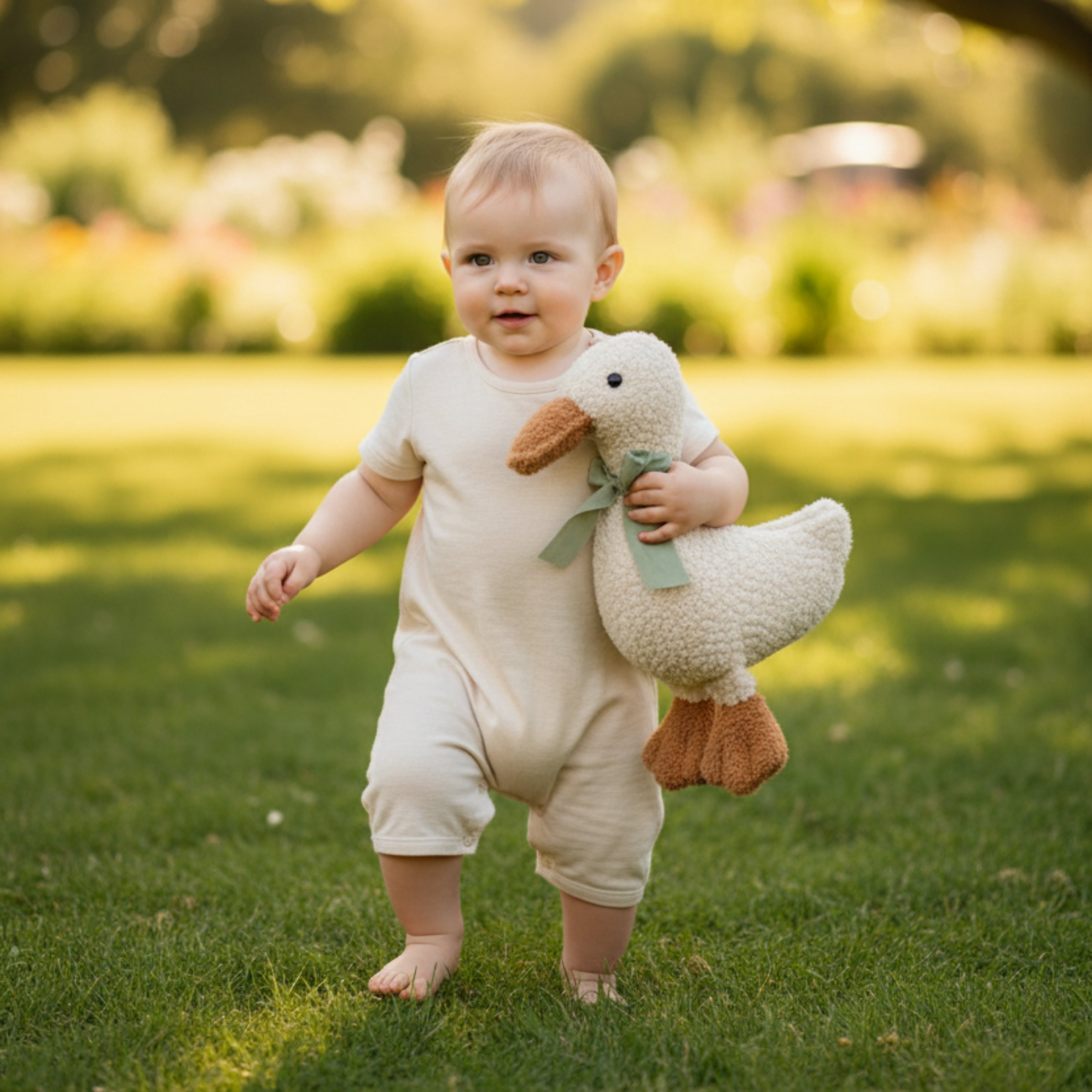 A baby taking first steps outdoors while holding Minilu the Goose Sleep Companion — an organic plush that supports calm exploration and emotional confidence.