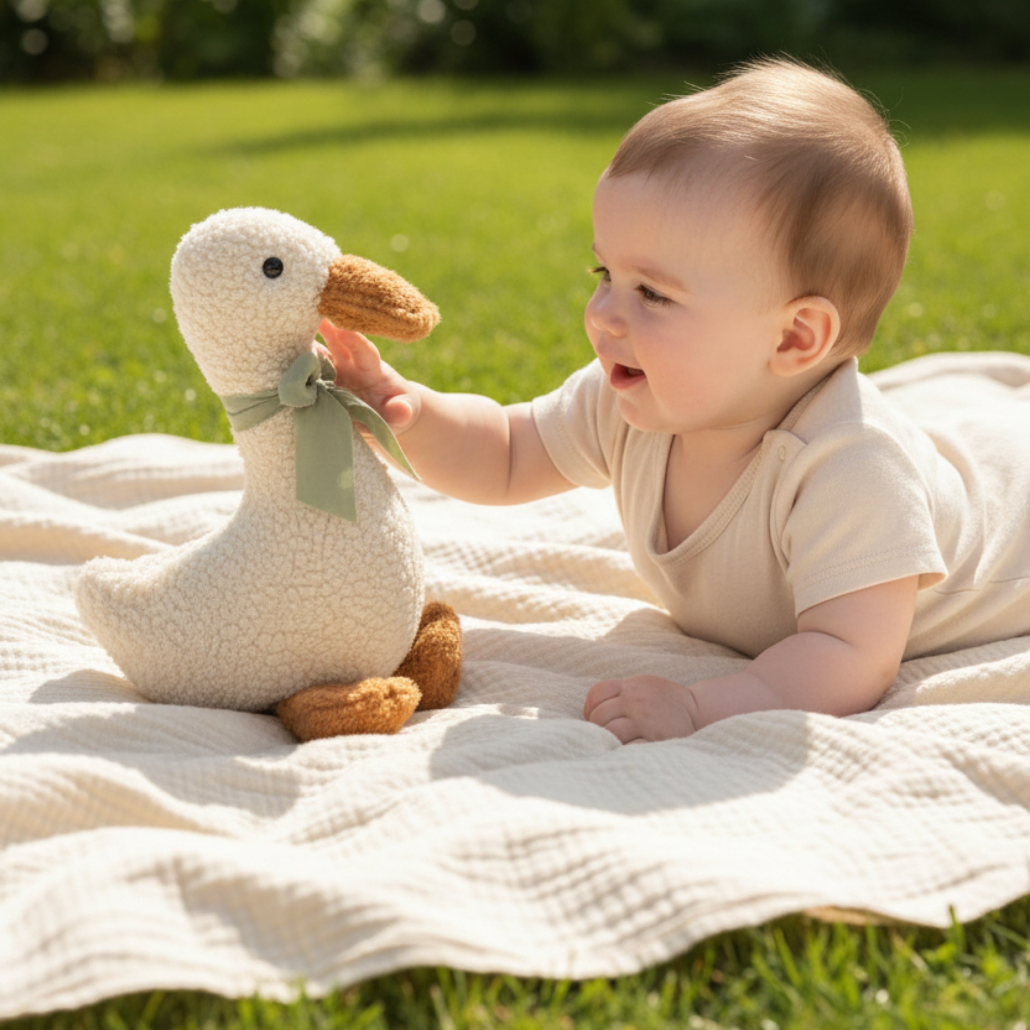 A baby lying on a blanket outdoors gently touching Minilu the Goose Sleep Companion — an organic plush toy encouraging sensory exploration and calm connection.