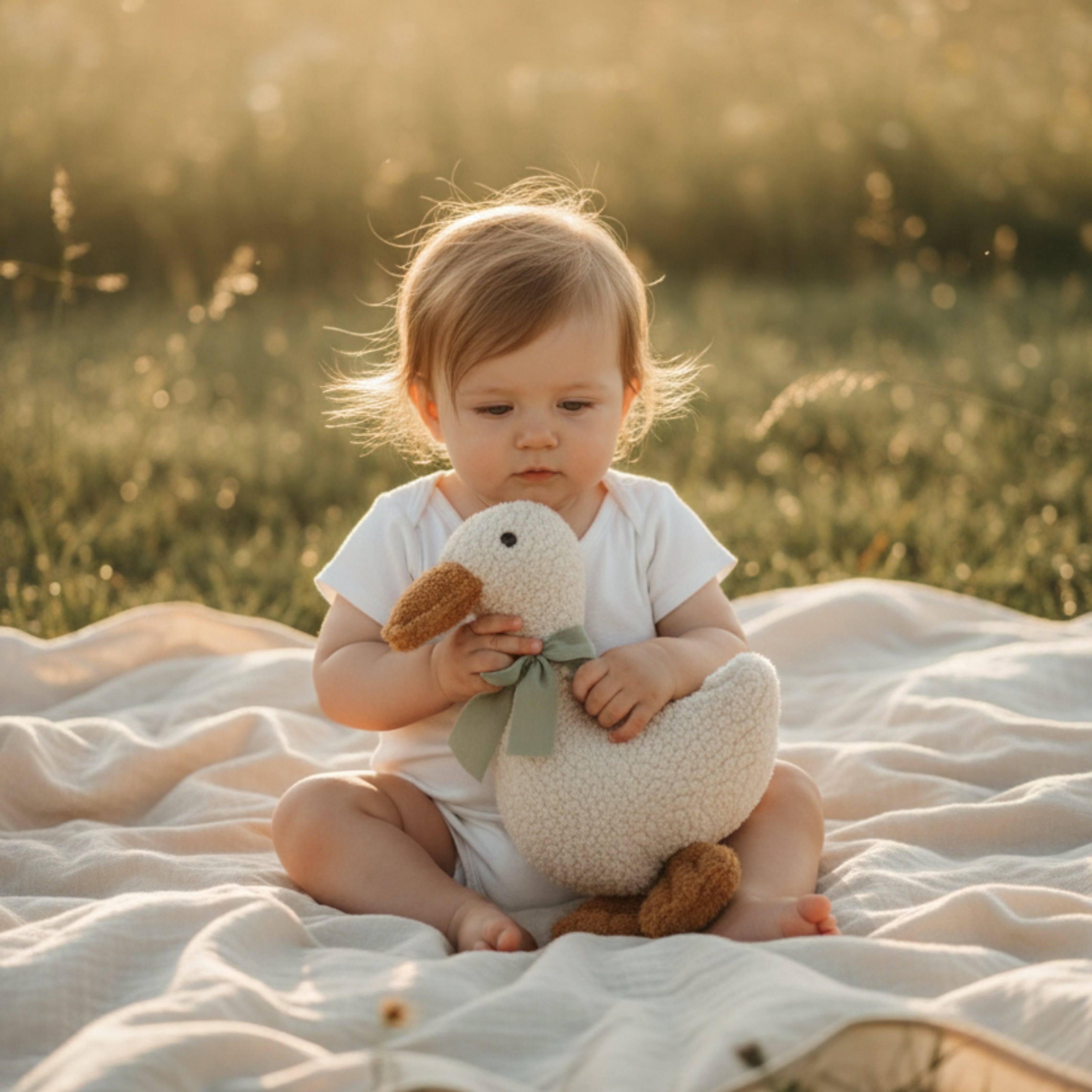 A baby sitting on a blanket at sunset, gently holding Minilu the Goose Sleep Companion — an organic plush designed for calm connection and sensory comfort.
