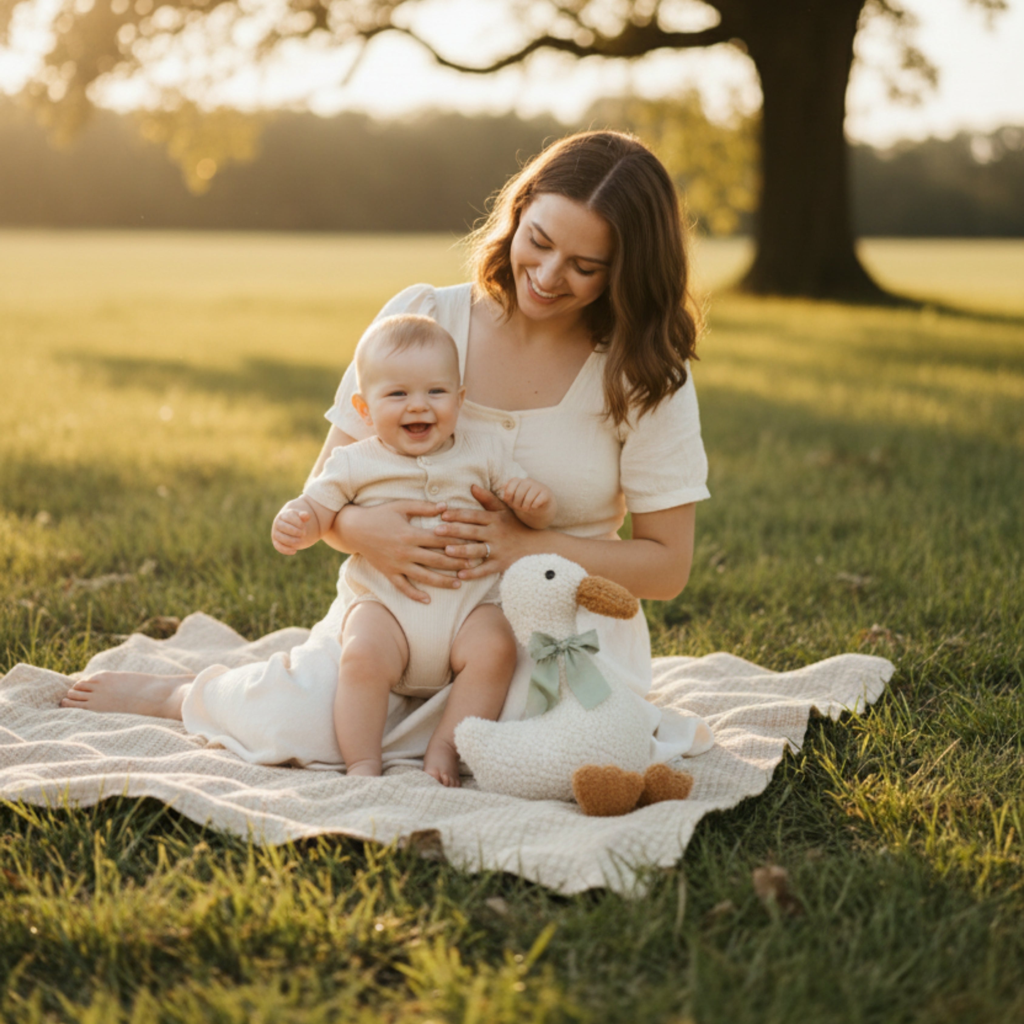 A smiling mother and baby sitting on a blanket outdoors with Minilu the Goose Sleep Companion beside them — an organic plush symbolizing calm bonding and emotional comfort.