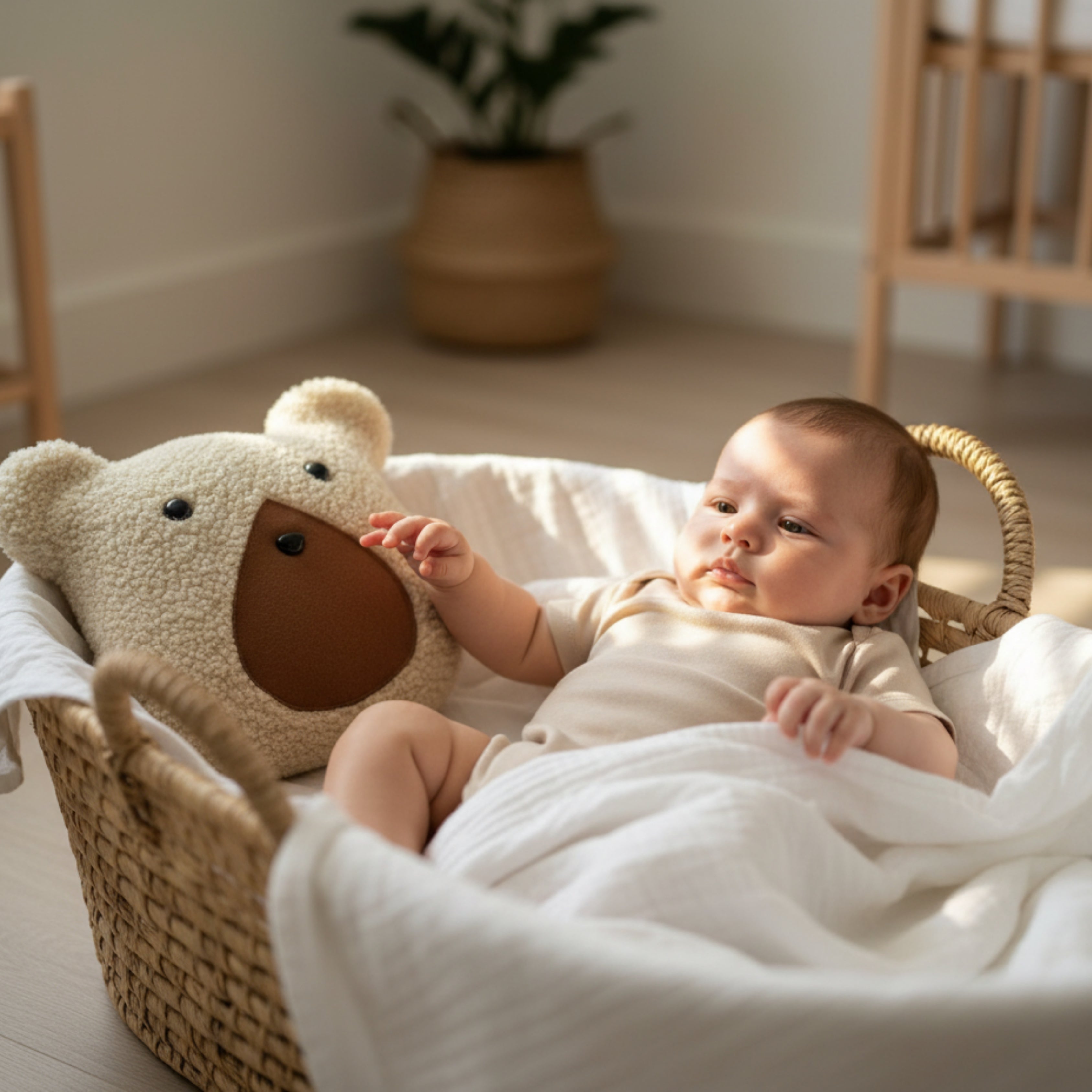 A baby lying in a woven bassinet reaching toward Nino the Bear Sleep Companion — an organic plush designed to comfort and nurture calm moments.
