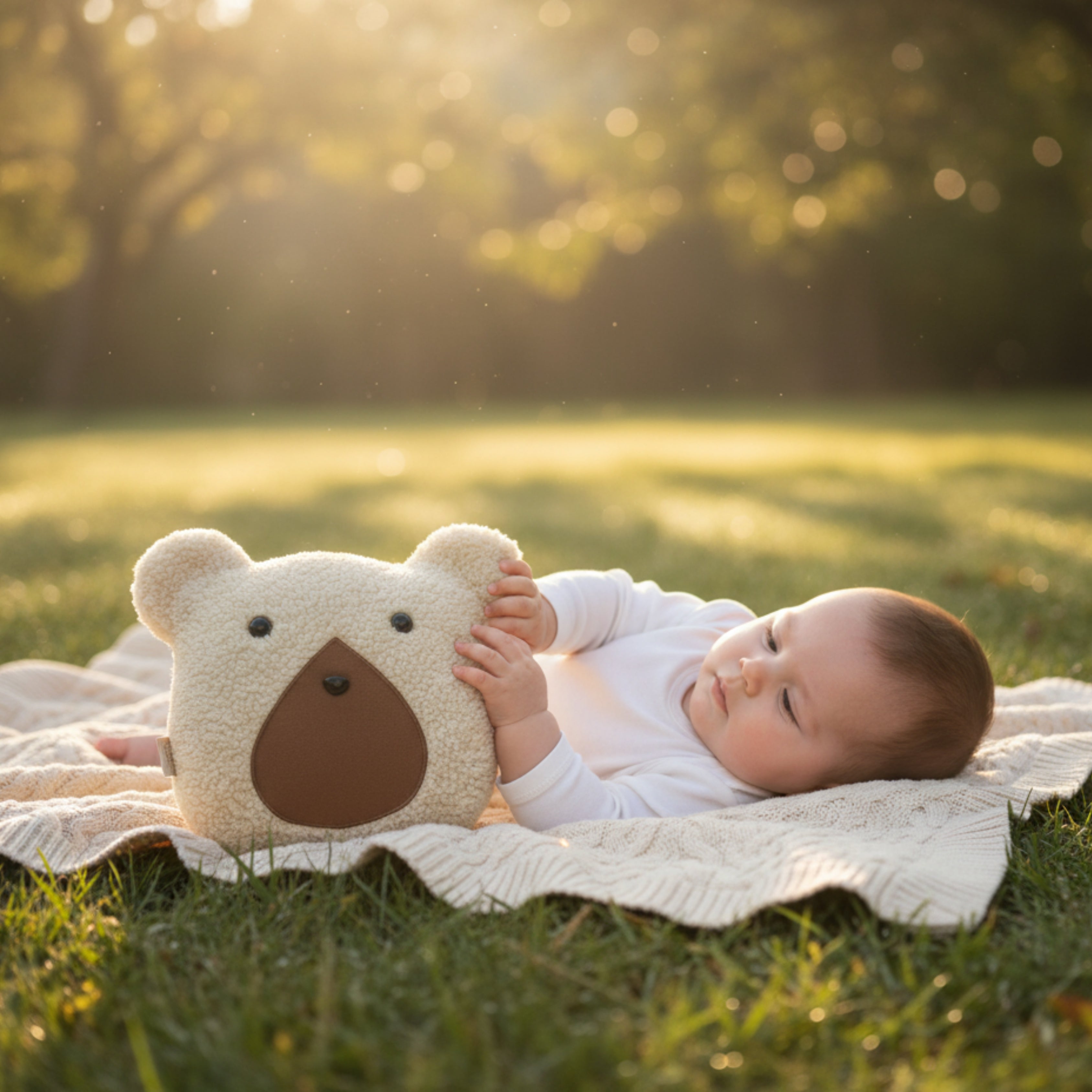 A baby lying on a blanket outdoors, gently touching Nino the Bear Sleep Companion under warm sunset light — an organic plush toy symbolizing calm connection.