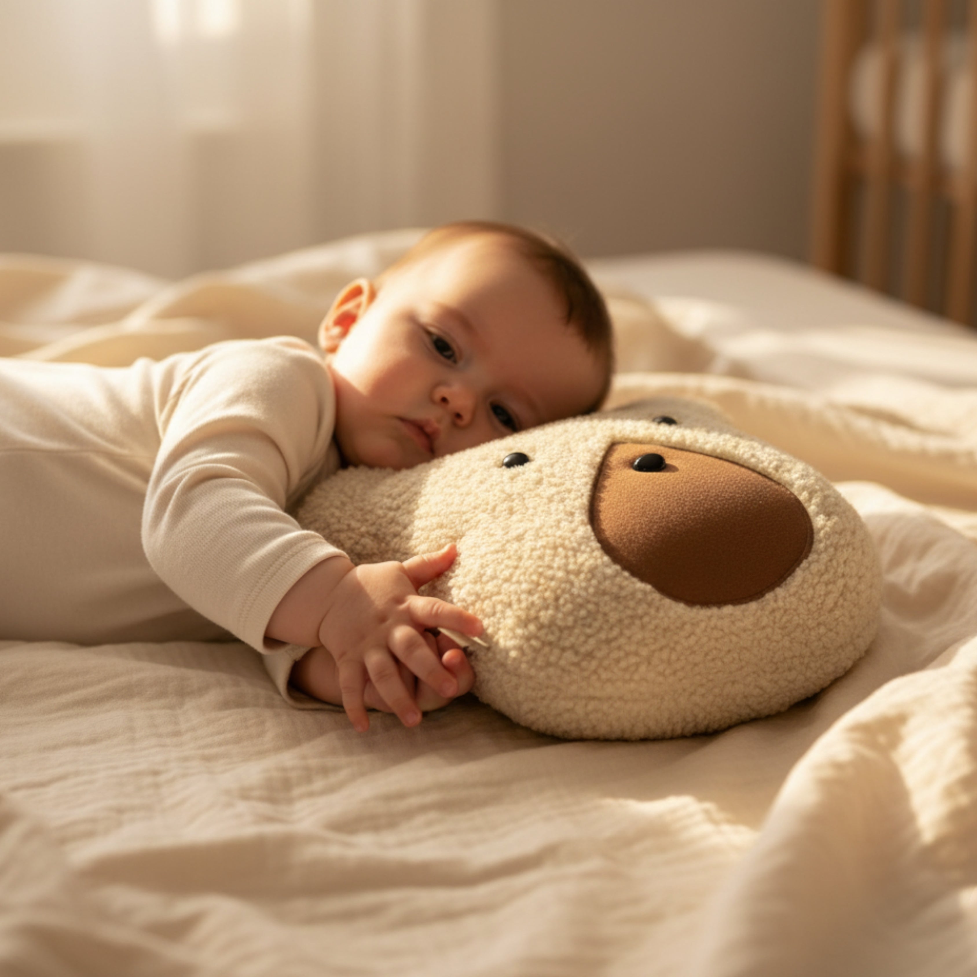 A baby resting gently on Nino the Bear Sleep Companion — a handmade organic plush designed to bring warmth, comfort, and peaceful connection.