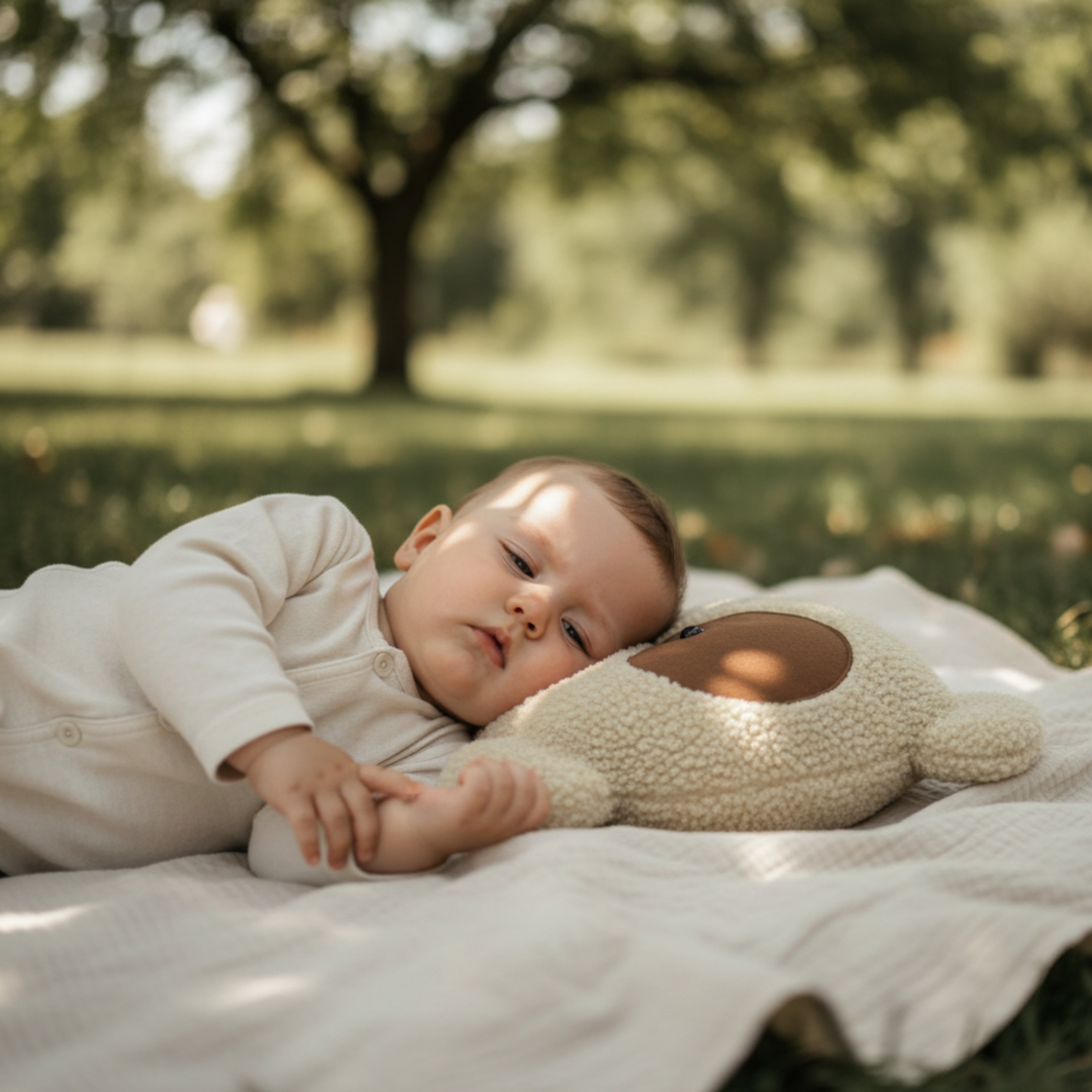 A baby resting on a blanket under a tree, using Nino the Bear Sleep Companion as a pillow — an organic plush toy designed for natural comfort and calm.