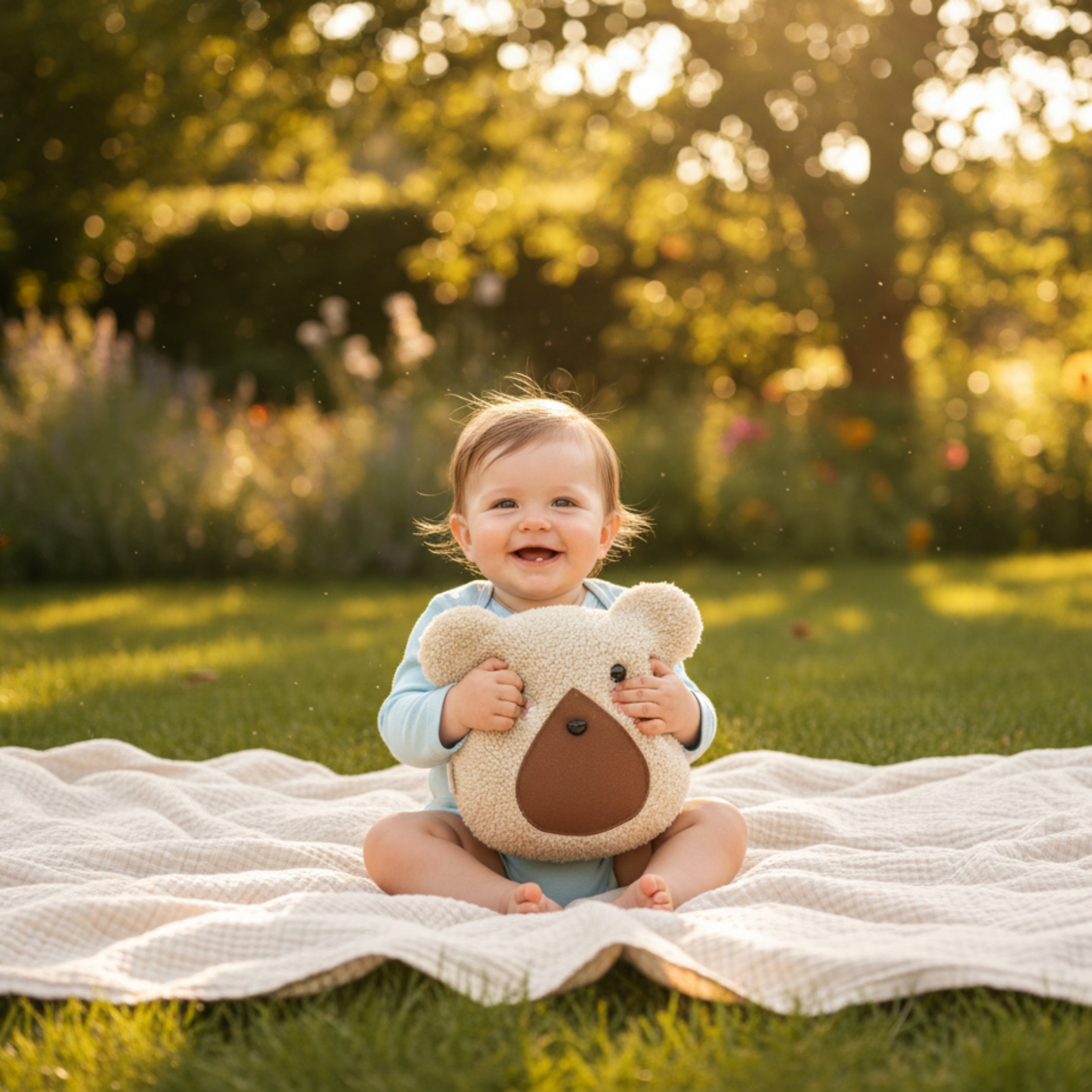 A smiling baby sitting on a blanket in the garden, holding Nino the Bear Sleep Companion — an organic plush toy that brings comfort and joy throughout the day.