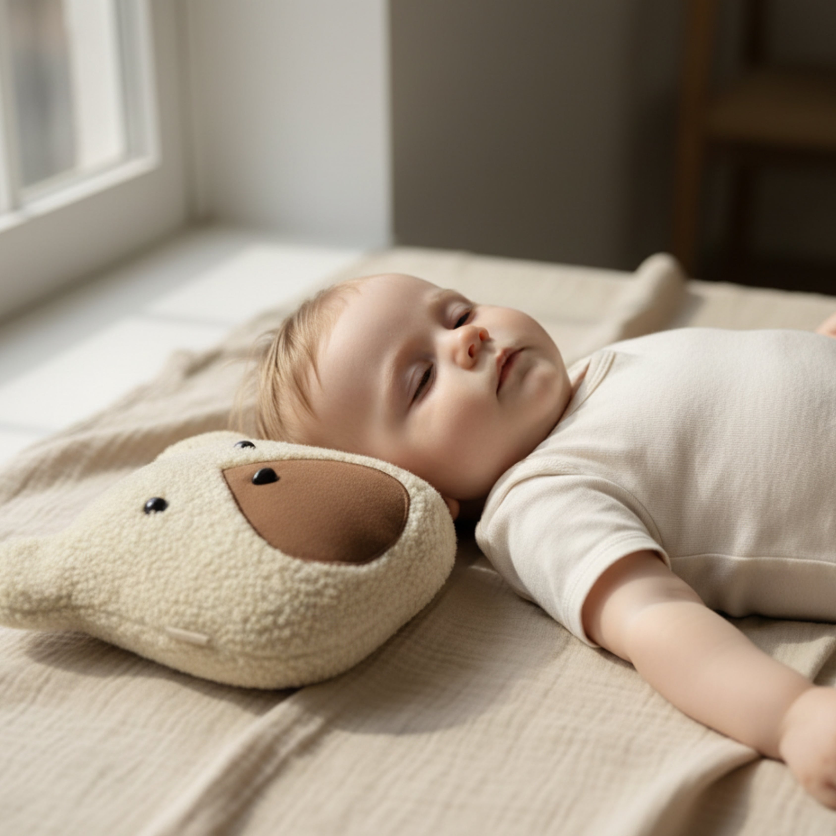 A baby peacefully sleeping beside Nino the Bear Sleep Companion — an organic plush toy designed to bring comfort and calm rest.