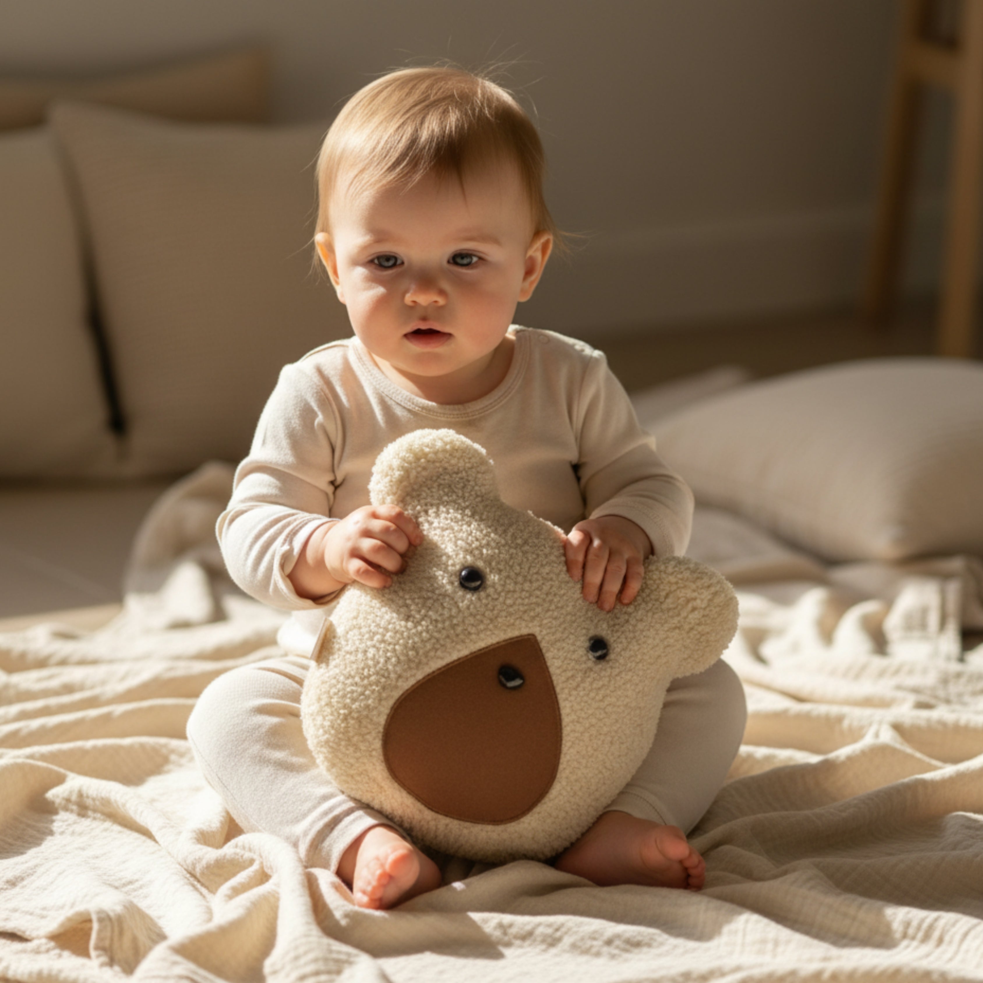 A baby sitting on a soft blanket, holding Nino the Bear Sleep Companion — a handmade organic plush designed for calm play and sensory comfort.