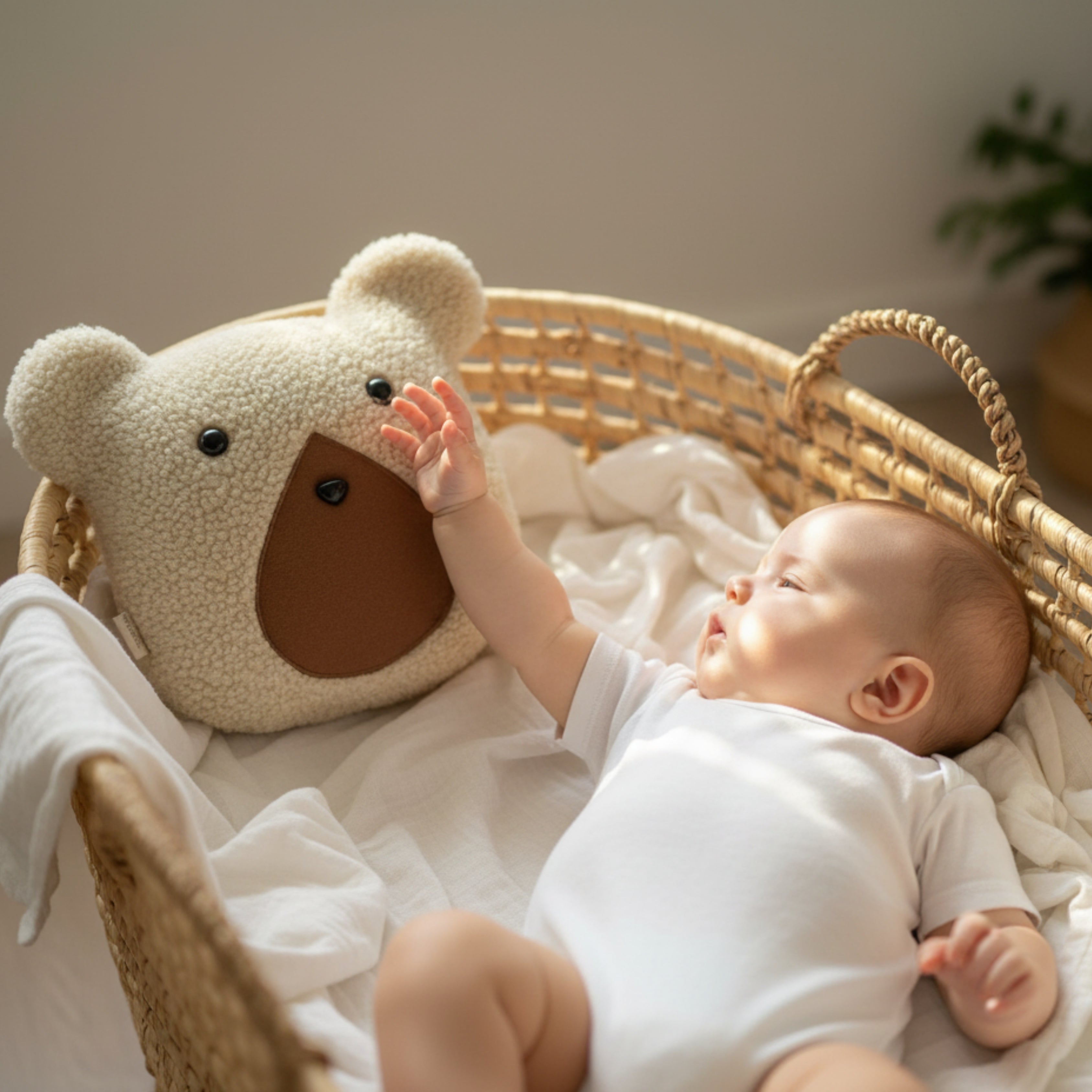 A baby lying in a woven basket, reaching out to Nino the Bear Sleep Companion — a soft organic plush designed for early sensory connection and comfort.