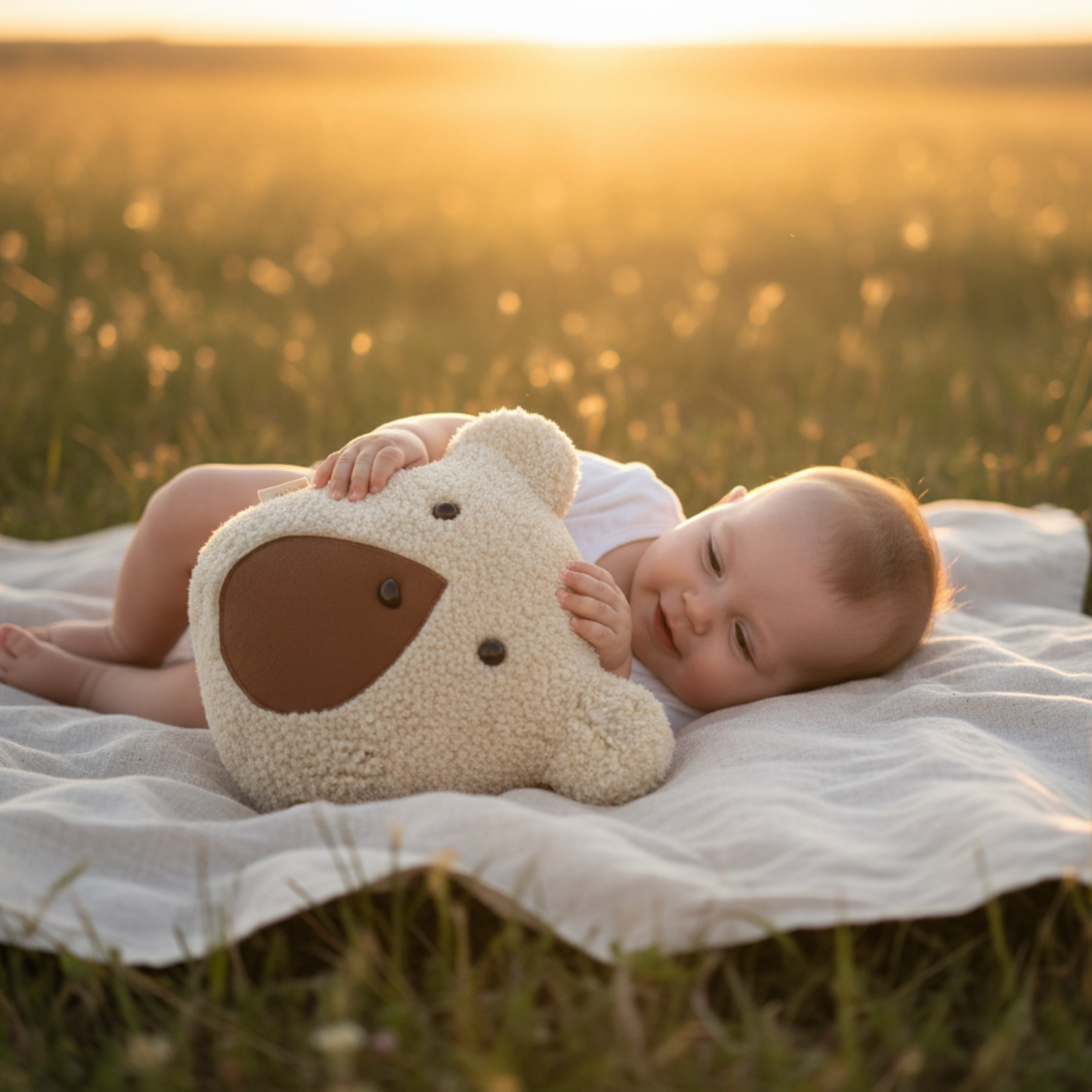A baby lying on a soft blanket at sunset, holding Nino the Bear Sleep Companion — an organic plush symbolizing warmth, safety, and emotional calm.