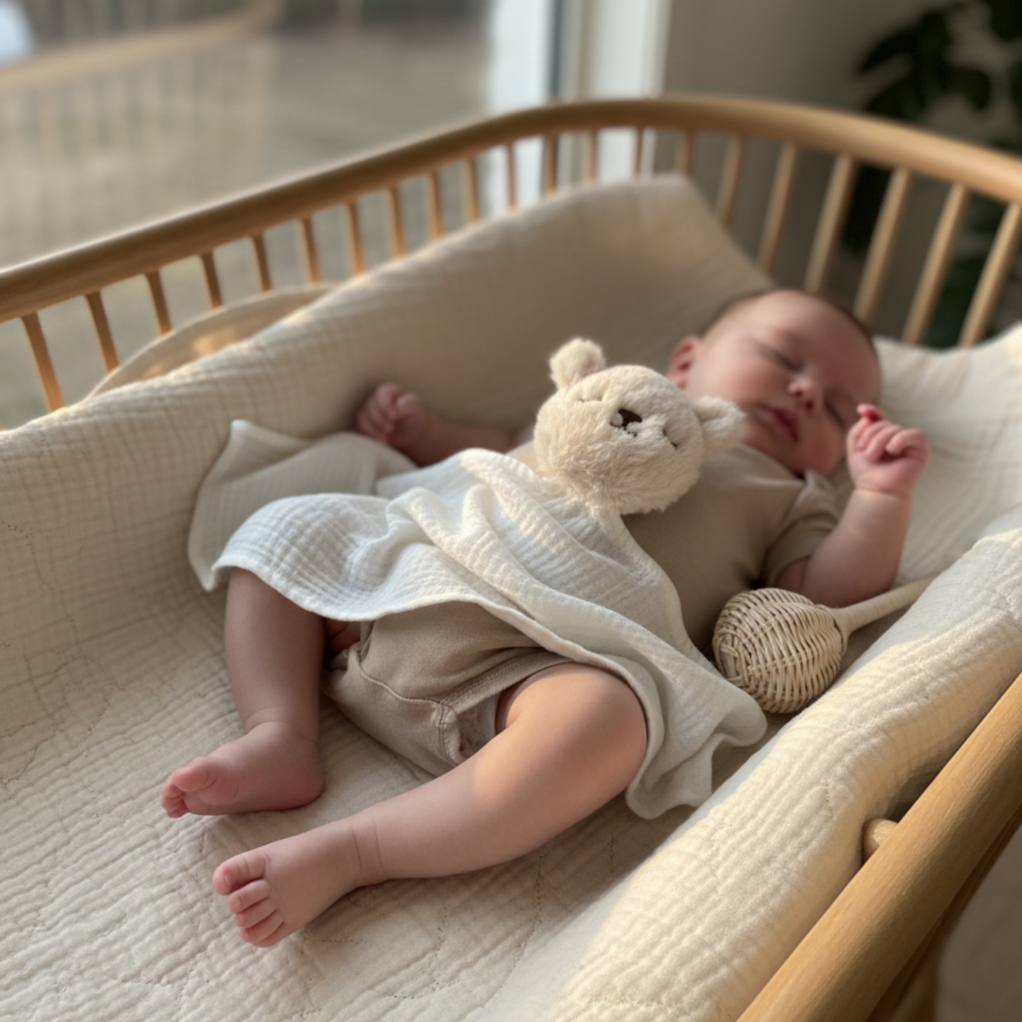 A baby peacefully napping in natural light while holding Nino the Bear Sleep Companion — a soft, handmade plush bear offering comfort and calm.