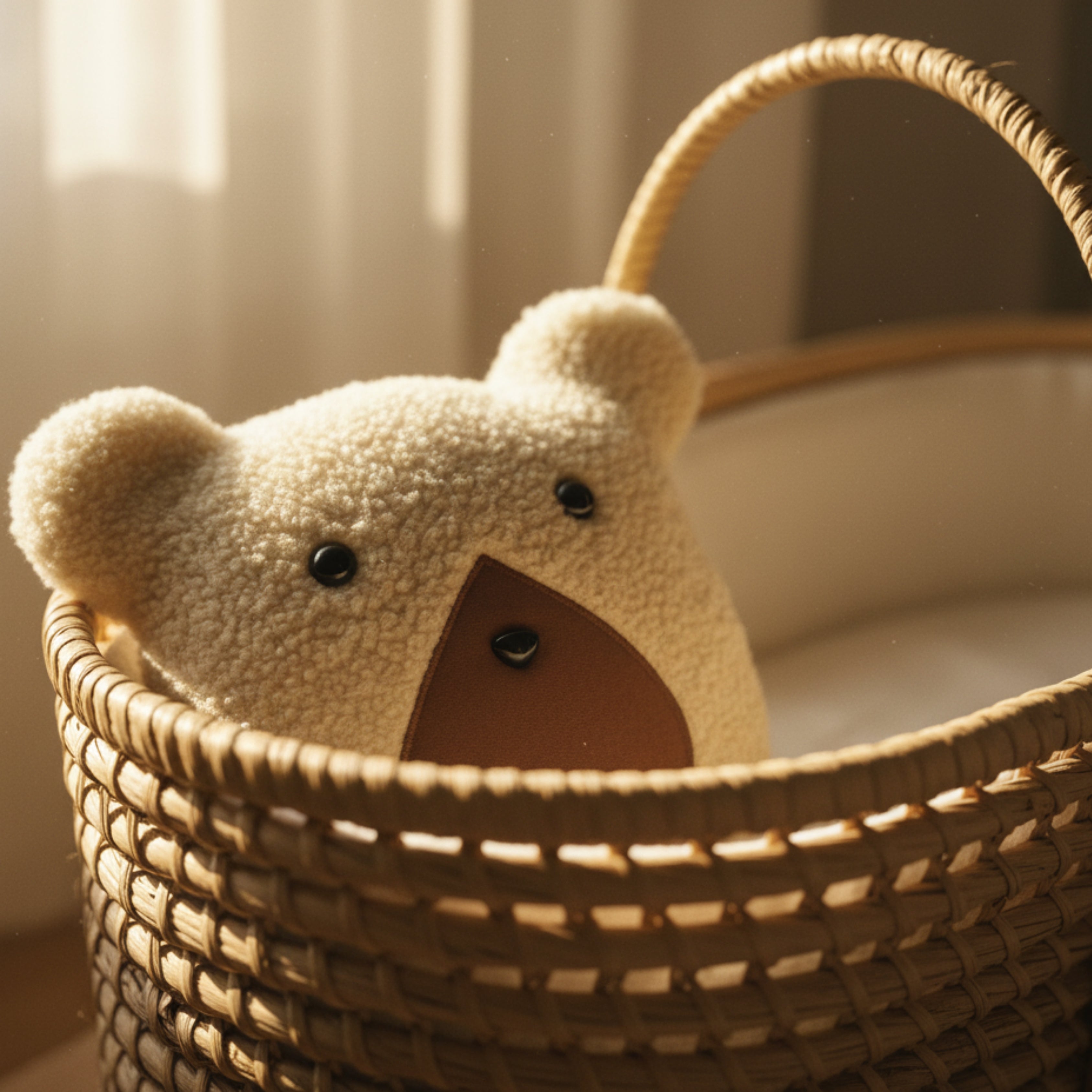 Nino the Bear Sleep Companion resting inside a woven basket, bathed in soft morning light — a handmade organic plush symbolizing comfort and calm.