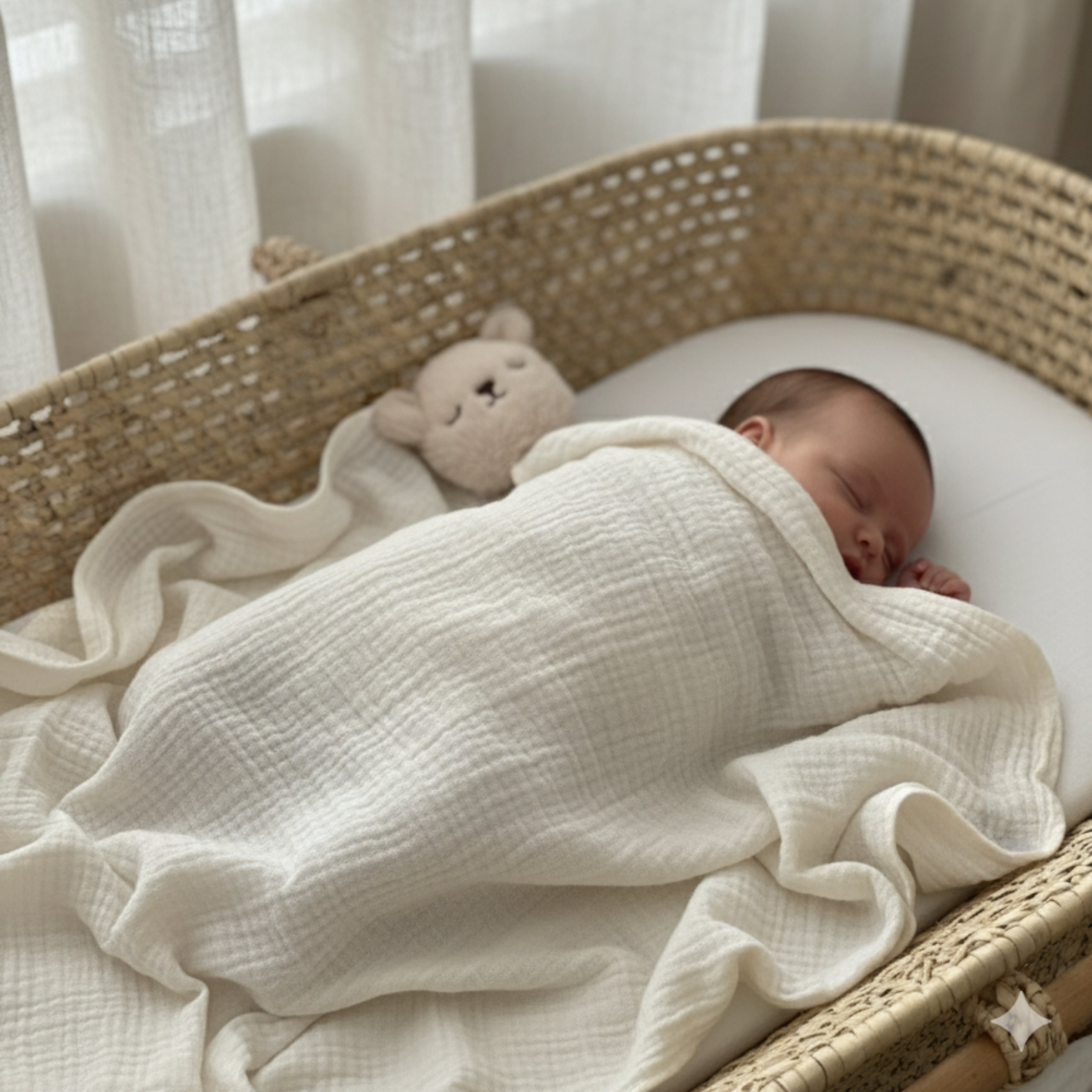 A newborn peacefully sleeping under a soft muslin blanket with Nino the Bear Sleep Companion beside them — symbolizing safety, warmth, and pure calm.