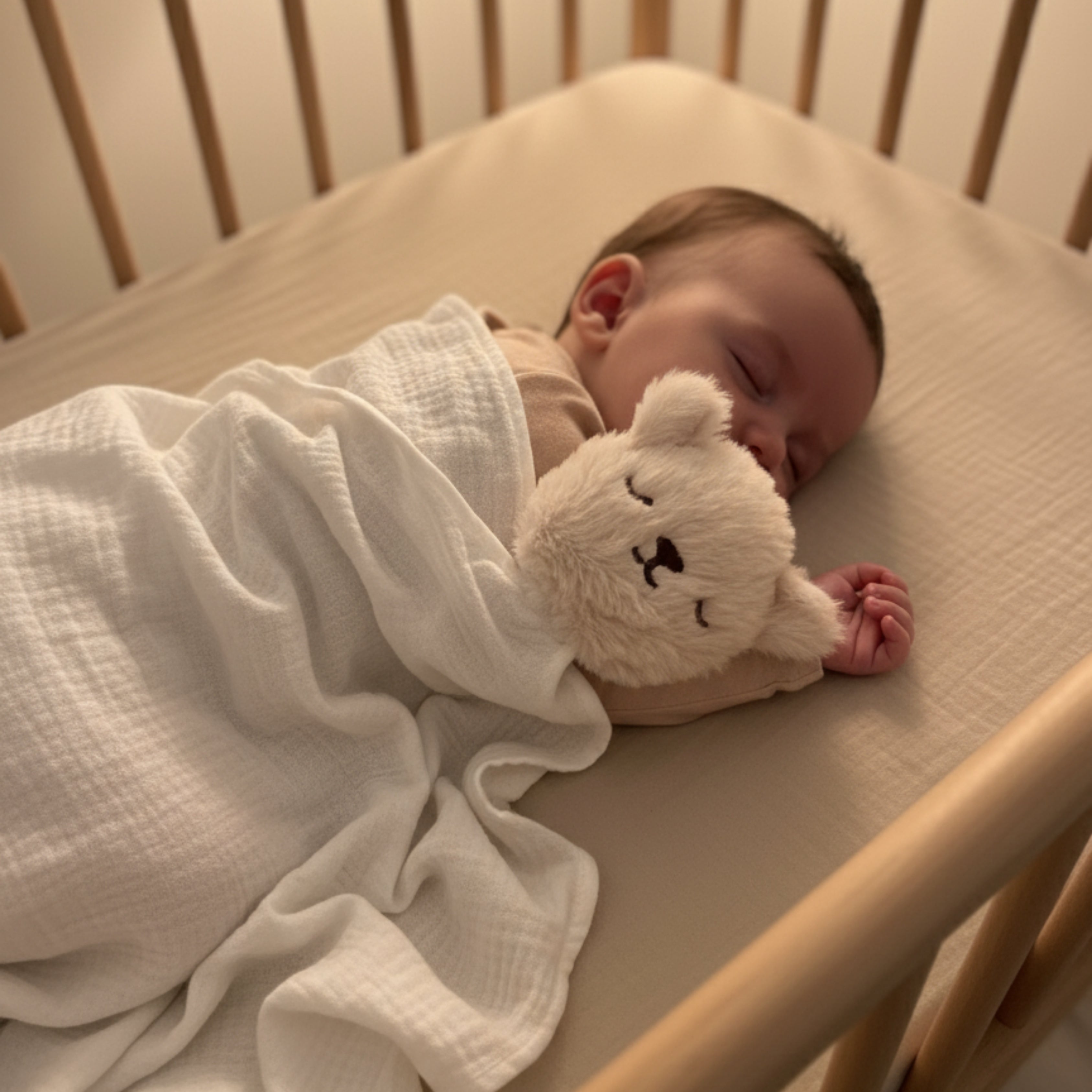 A sleeping baby cuddling Nino the Bear Sleep Companion — a handmade plush bear symbolizing comfort, safety, and peaceful rest.