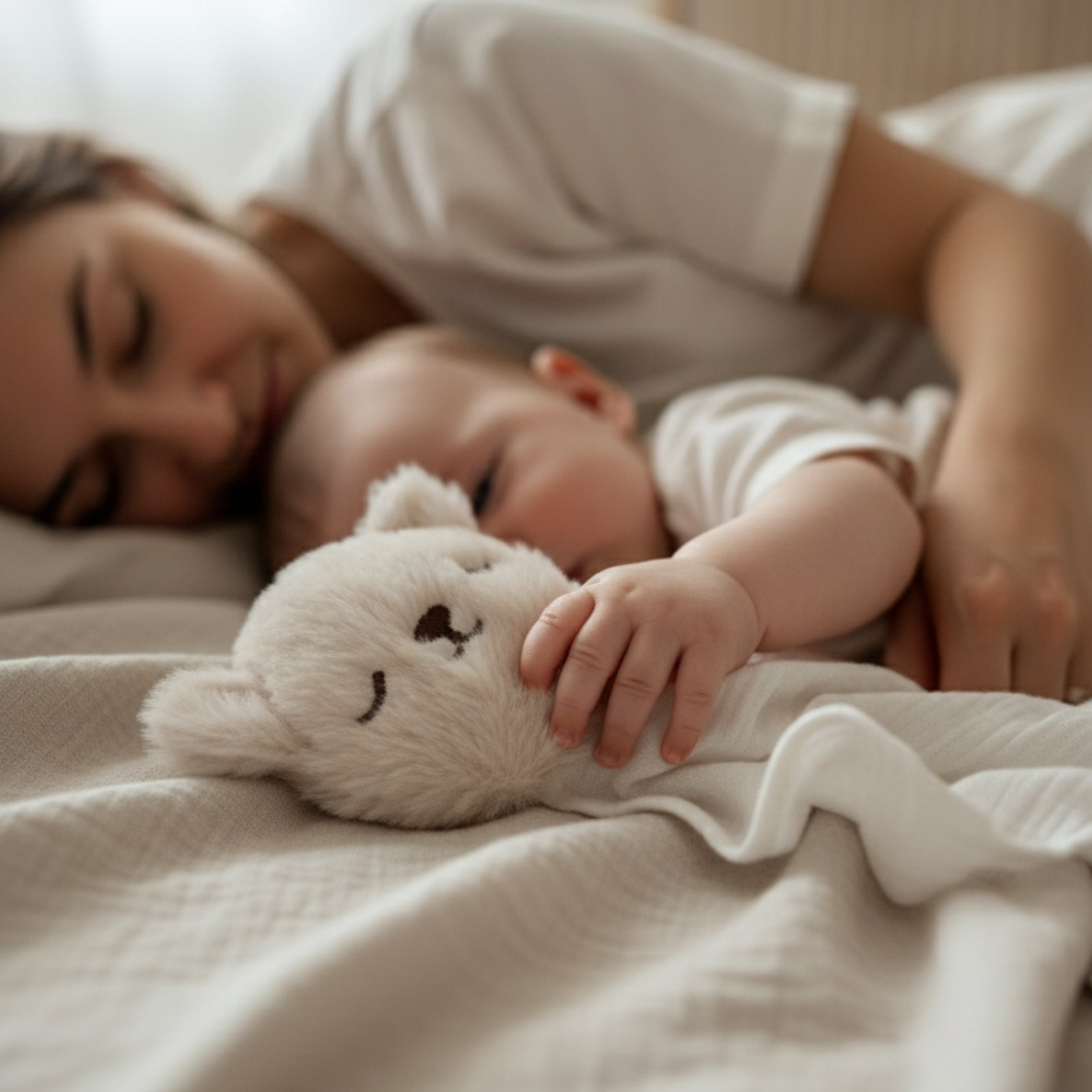 A baby and parent sleeping together with Nino the Bear Sleep Companion — a handmade plush bear symbolizing warmth, connection, and shared peace.