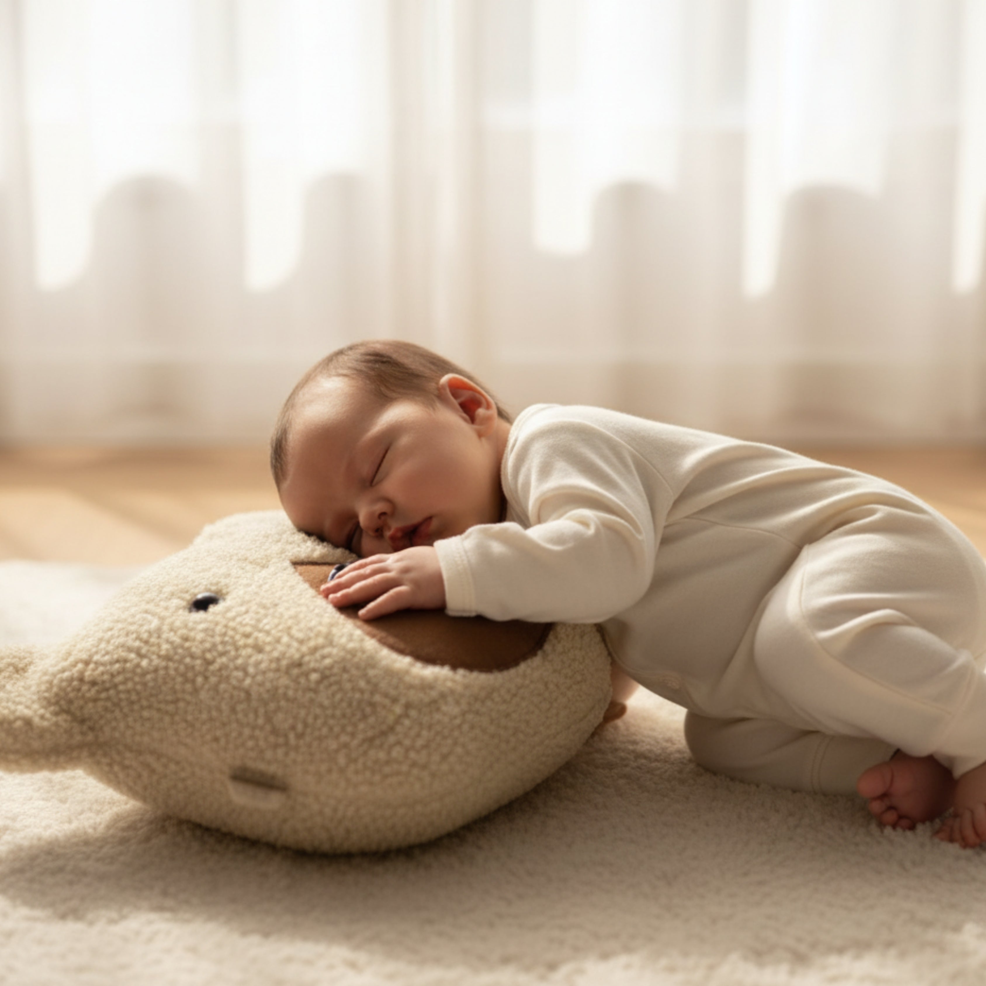 A baby peacefully sleeping on Nino the Bear Sleep Companion — an organic plush pillow designed to provide comfort and emotional security during rest.