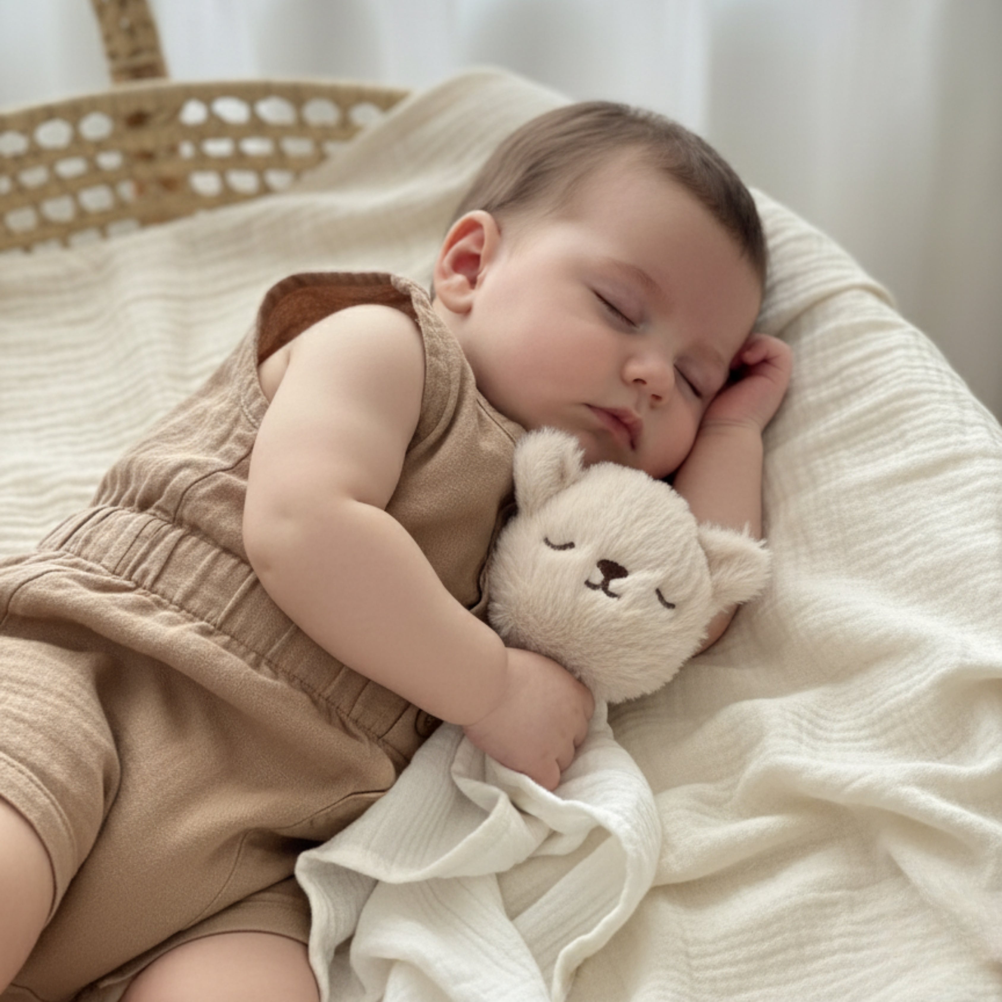 A baby peacefully sleeping while holding Nino the Bear Sleep Companion — a handcrafted plush bear offering warmth and calm comfort.