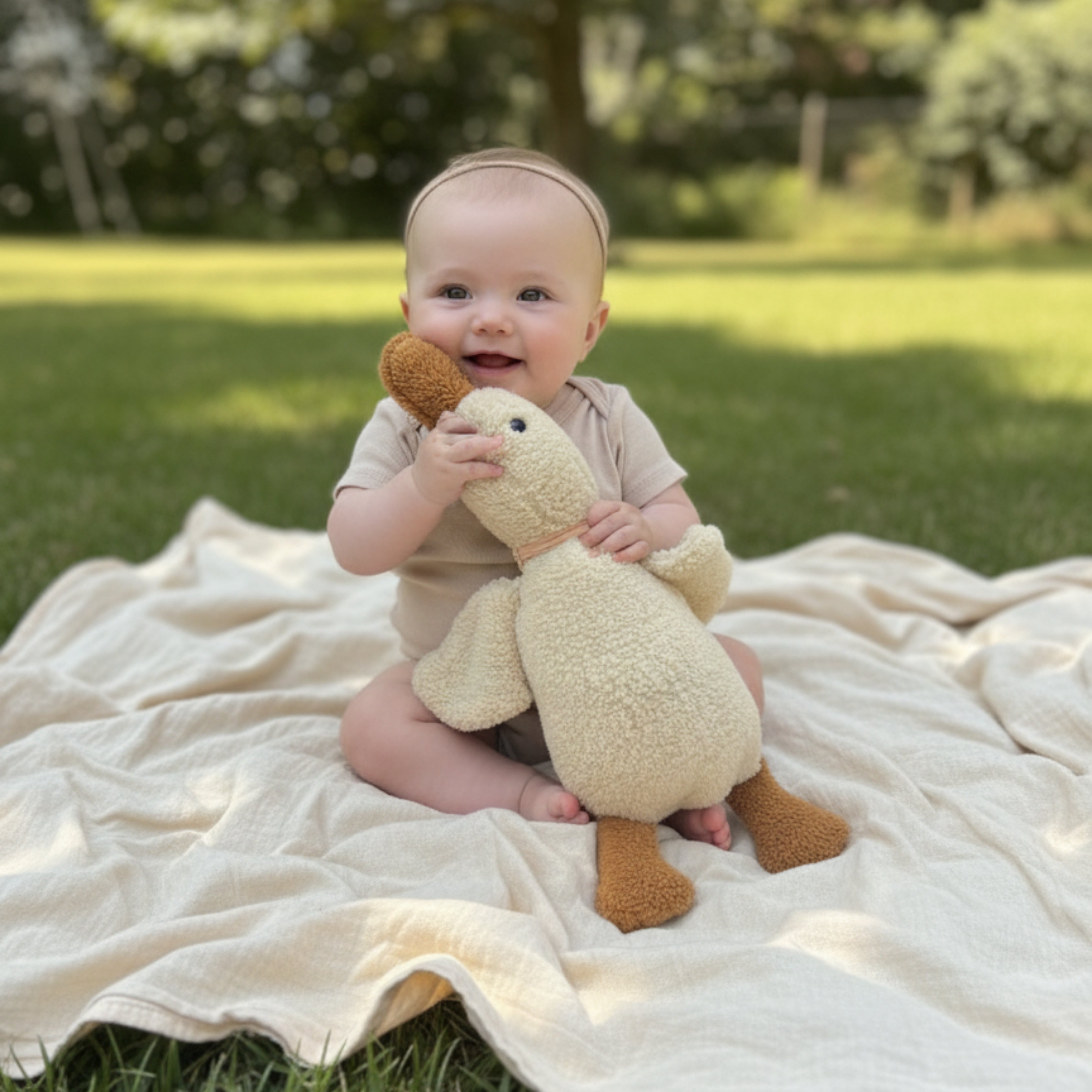 A baby sitting on a soft blanket in the garden, smiling while holding Ollie the Duck Sleep Companion — a handcrafted organic plush for calm play and comfort.