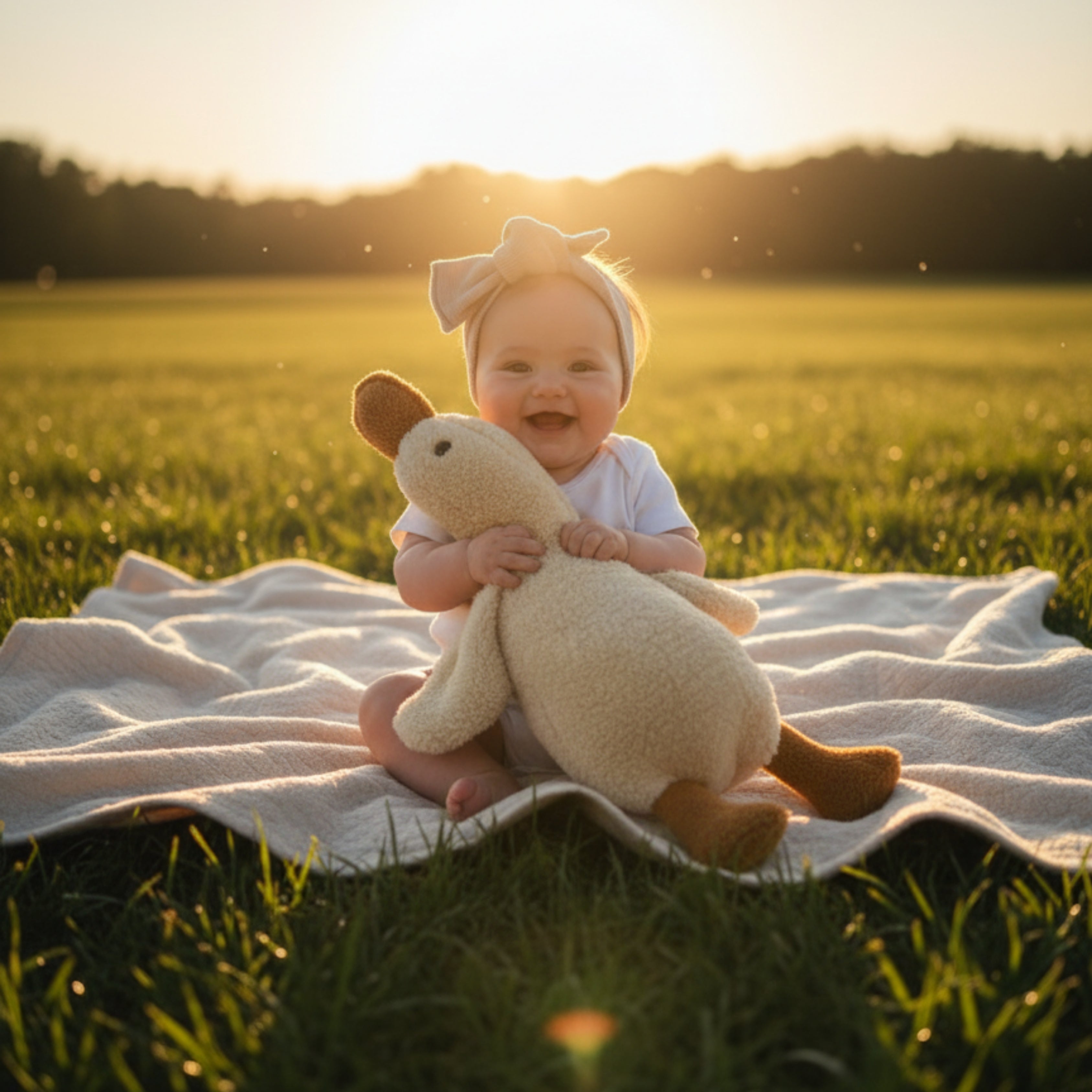 A baby sitting on a blanket outdoors at sunset, smiling and holding Ollie the Duck Sleep Companion — an organic plush toy symbolizing joy and comfort.