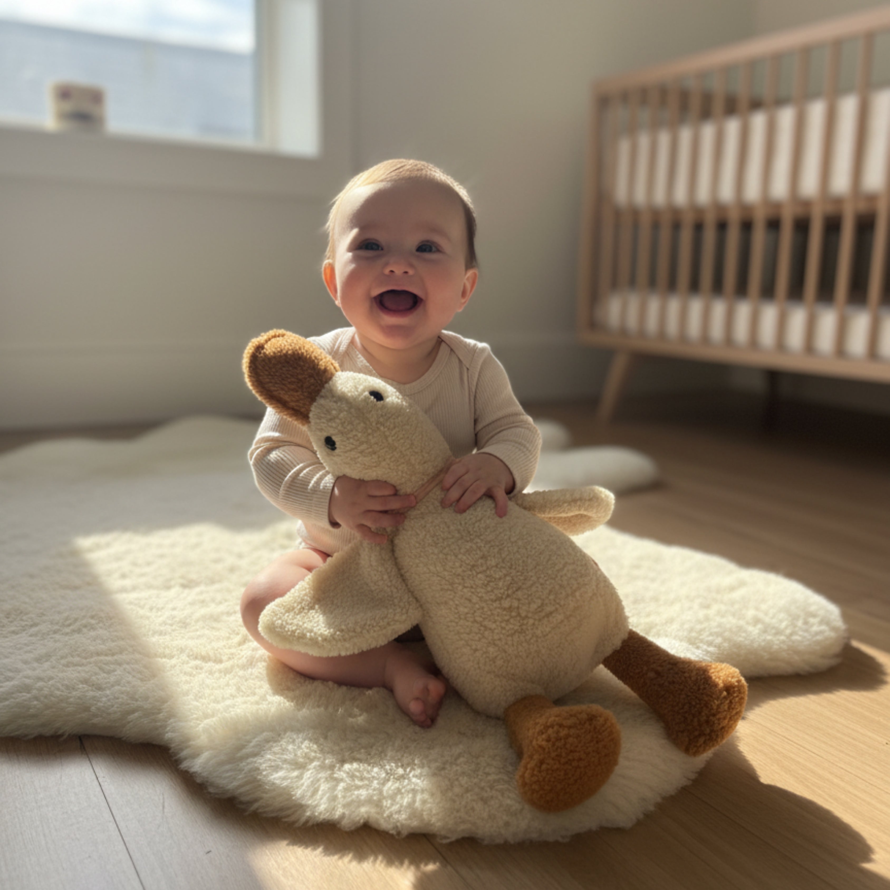 A smiling baby sitting on a soft rug, holding Ollie the Duck Sleep Companion — an organic plush designed to bring joy and gentle comfort.