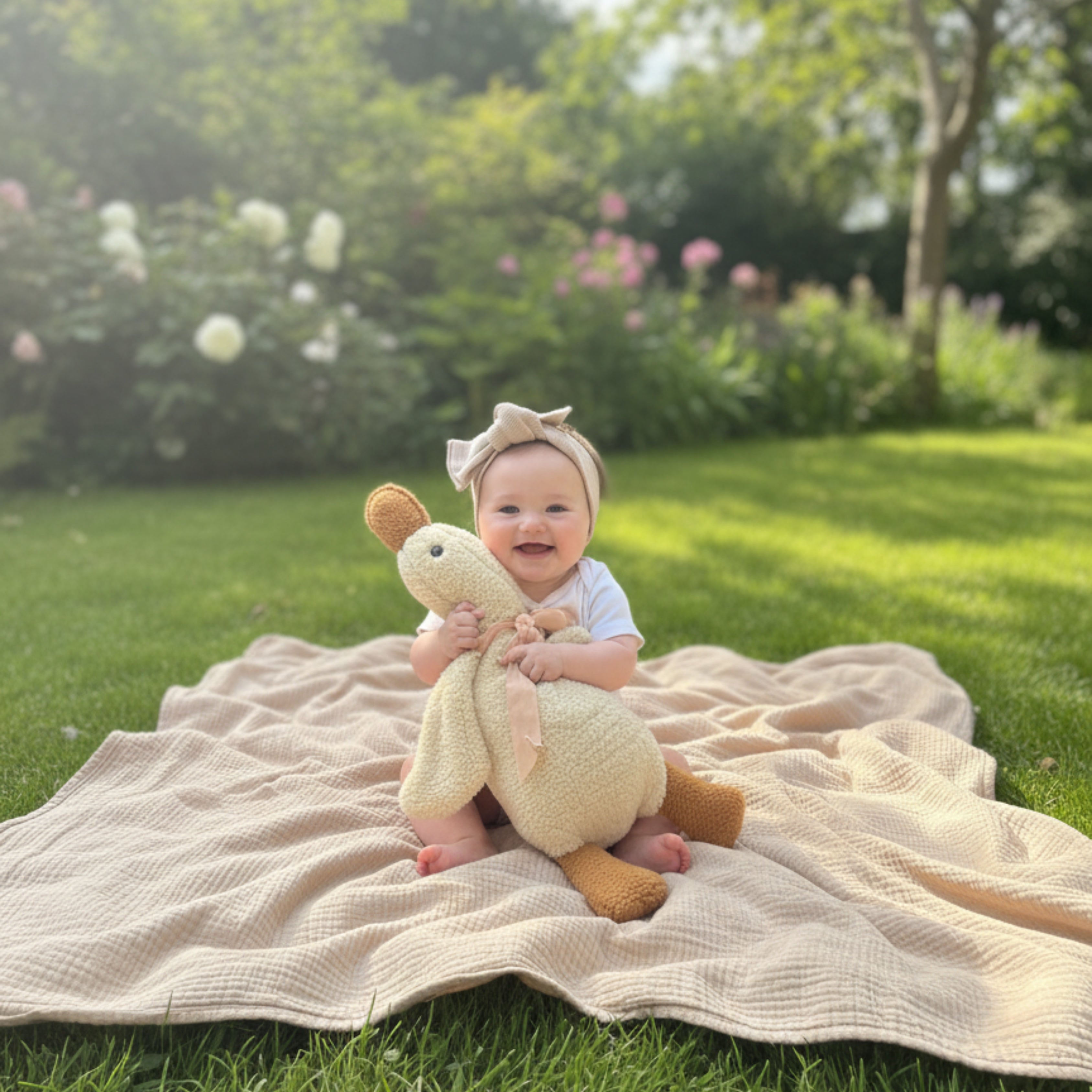 A happy baby sitting on a blanket in a sunny garden, holding Ollie the Duck Sleep Companion — a soft handmade plush symbolizing morning joy and calm comfort.
