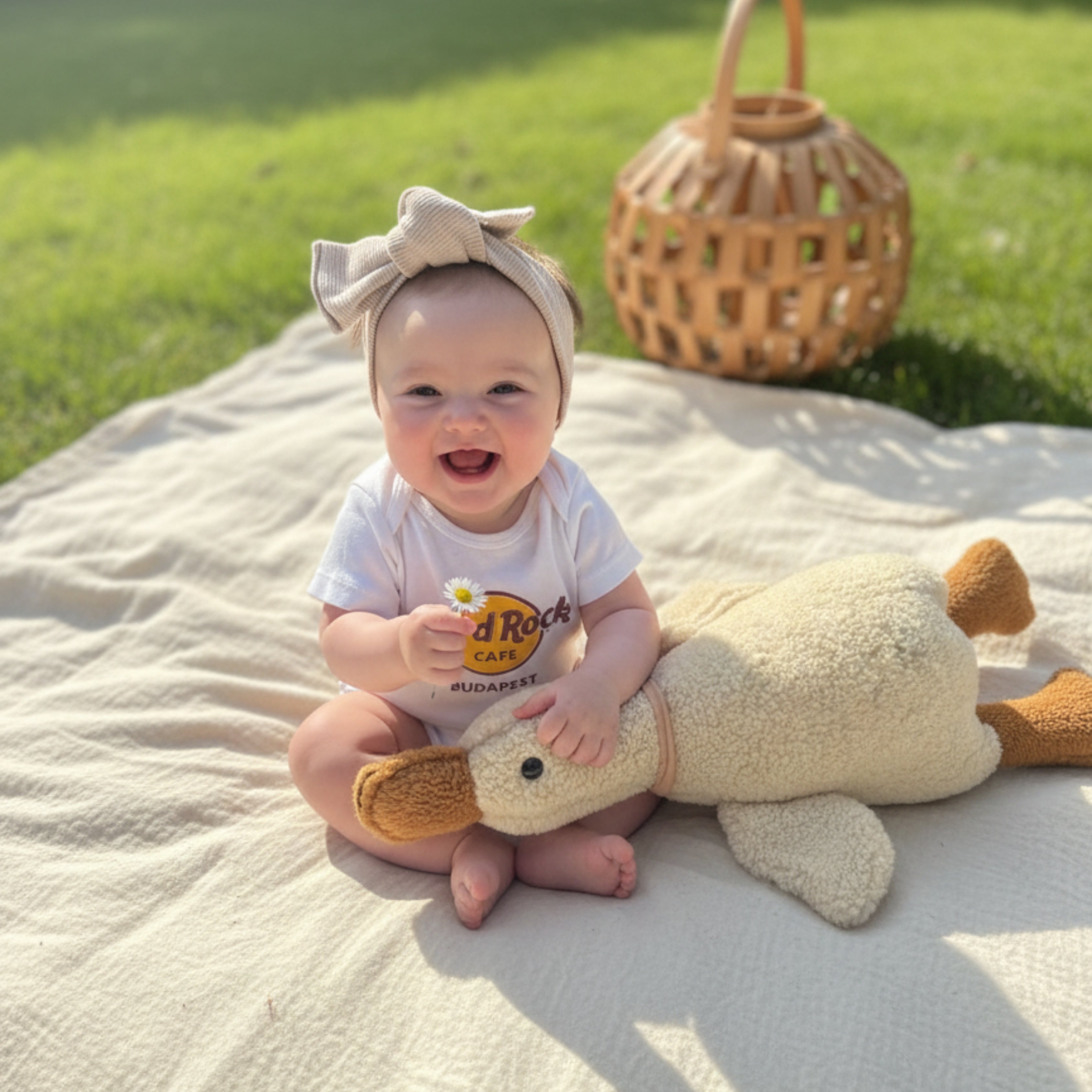 A smiling baby sitting on a blanket in sunlight, holding a small daisy while cuddling Ollie the Duck Sleep Companion — a handmade plush that brings calm joy to playtime.