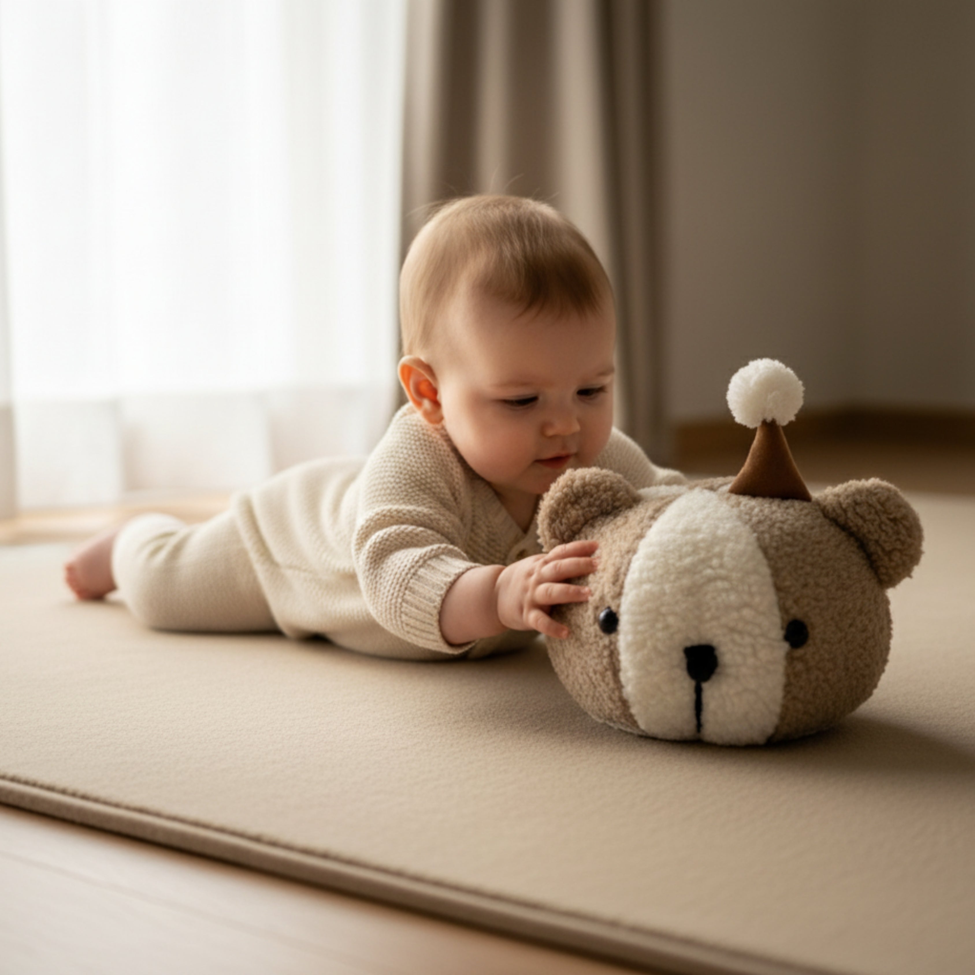 A baby lying on a soft mat and gently touching Tobby the Cub Sleep Companion — a handmade plush bear that encourages calm exploration and comfort.