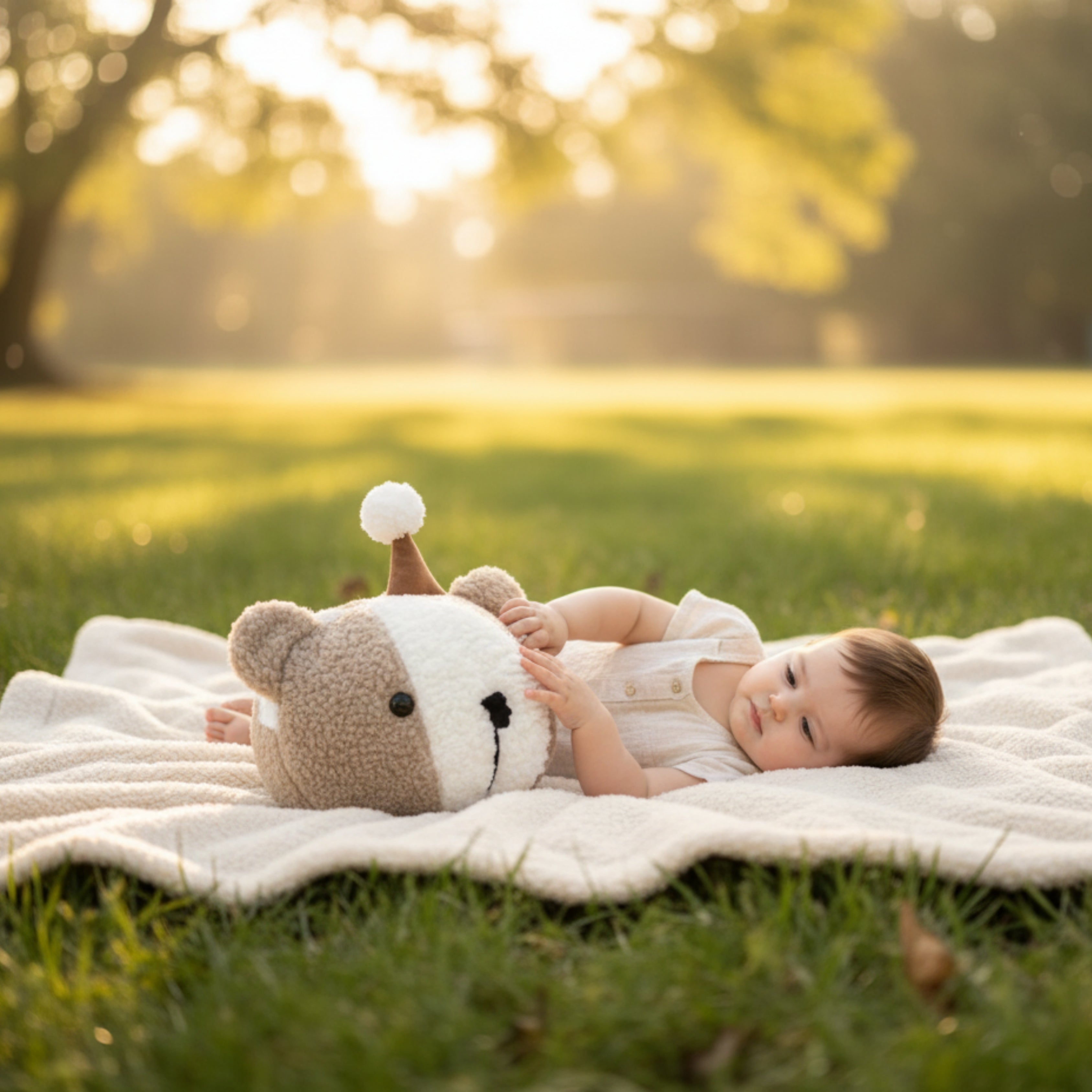 A baby lying on a blanket in soft golden light, gently holding Tobby the Cub Sleep Companion — a handmade plush bear designed to bring calm from playtime to rest.