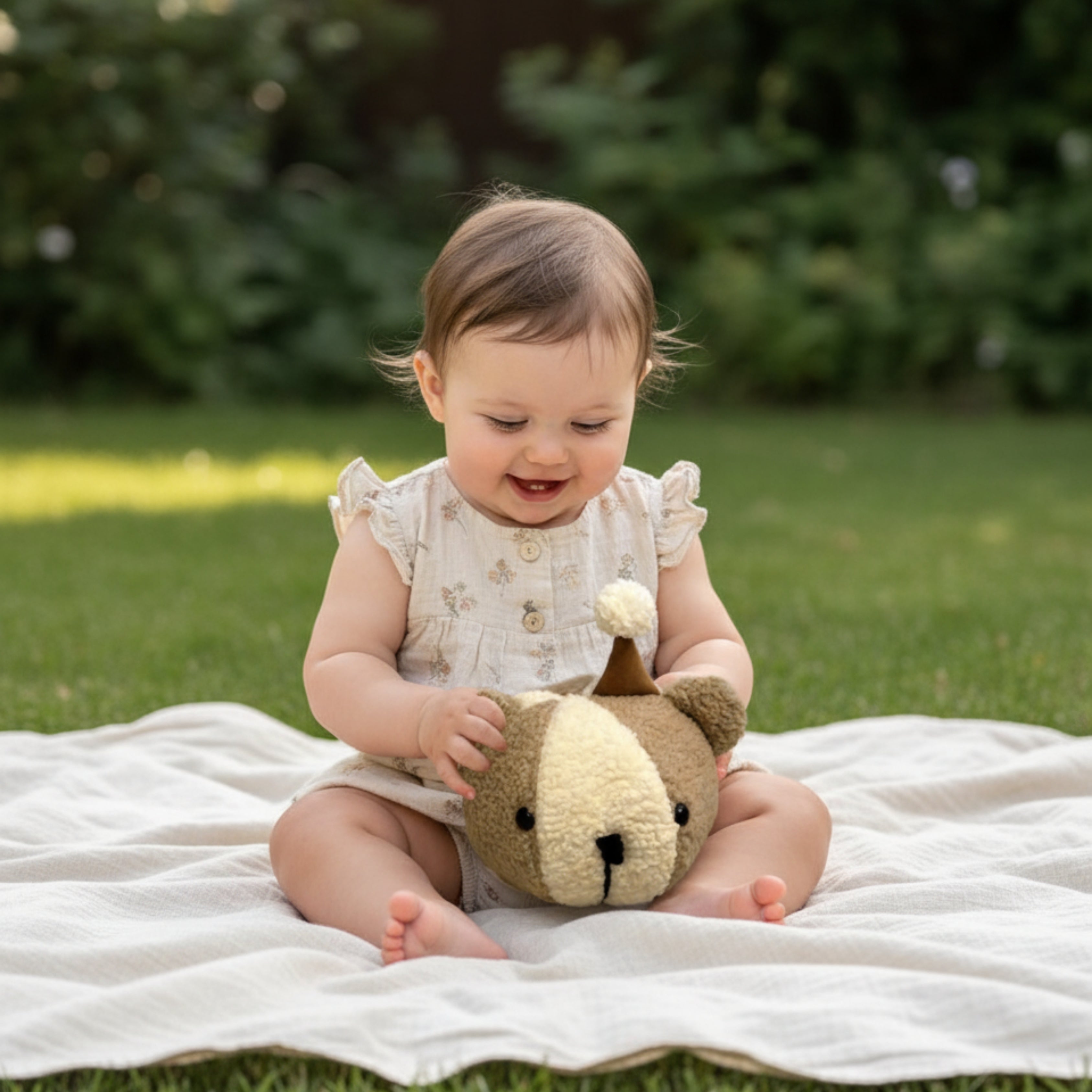 A baby sitting on a blanket outdoors, smiling while holding Tobby the Cub Sleep Companion — a handmade plush bear designed to nurture calm curiosity and gentle play.