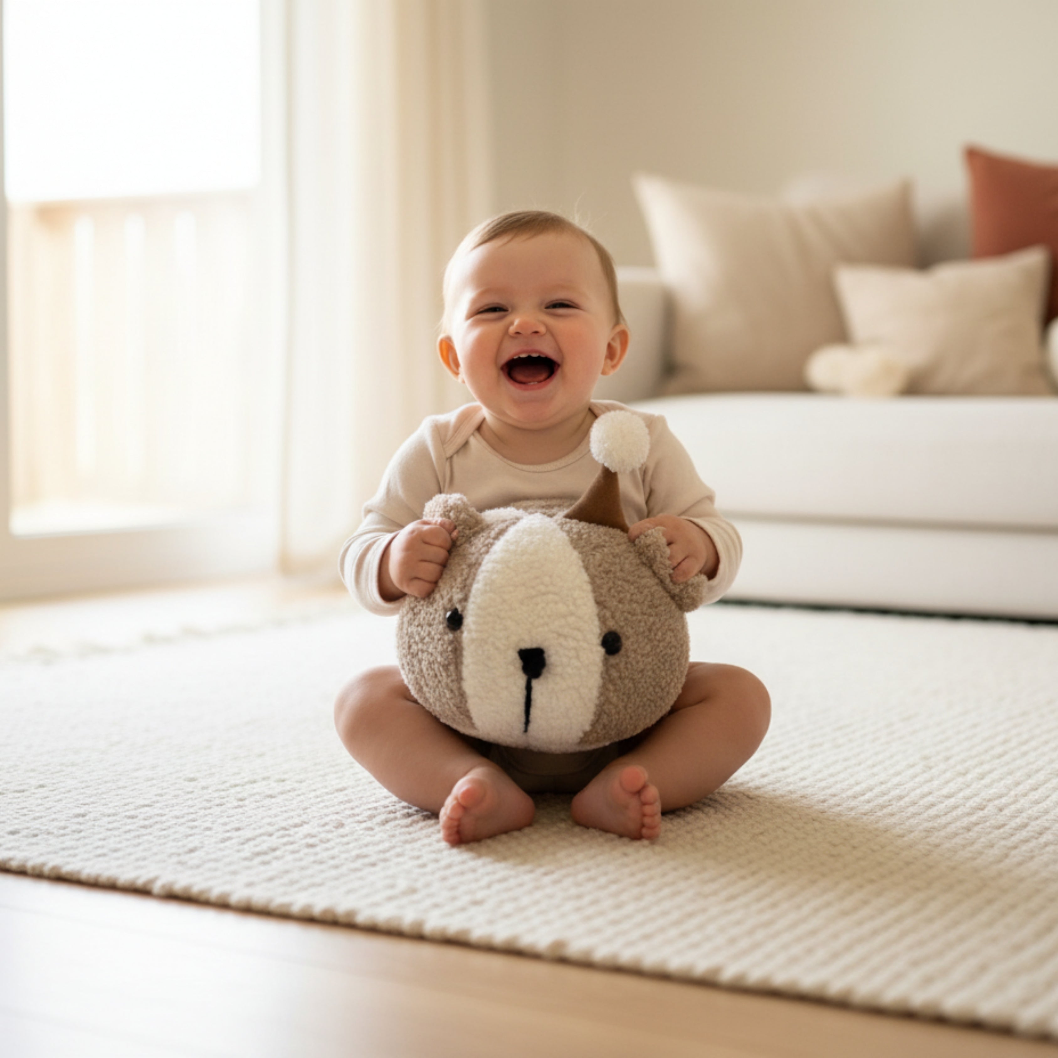 A smiling baby sitting on a soft rug, holding Tobby the Cub Sleep Companion — a handmade plush bear that transitions from soothing bedtime friend to playful daytime companion.