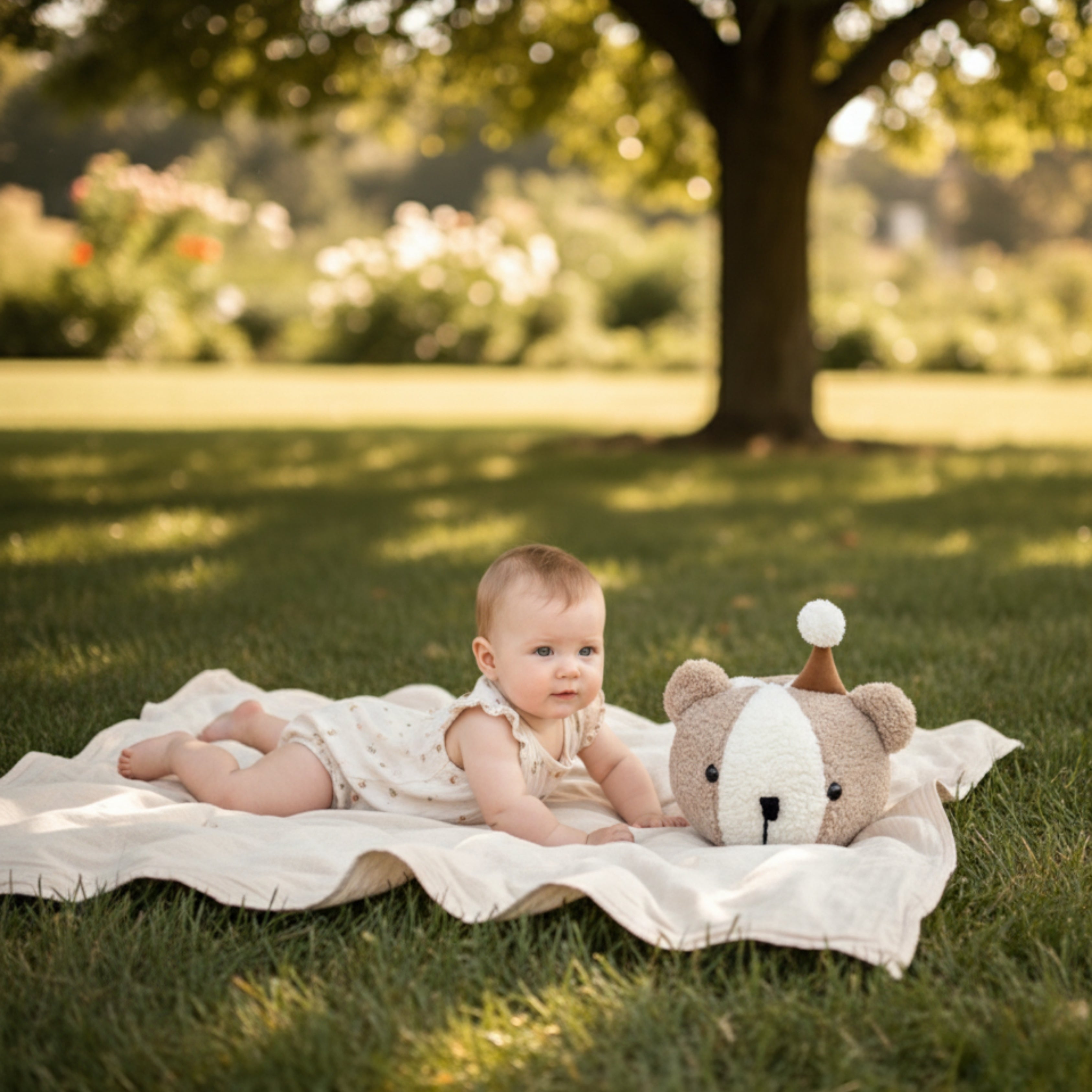 A baby lying on a soft blanket outdoors beside Tobby the Cub Sleep Companion — a handmade plush bear that brings natural calm and gentle comfort to early playtime.