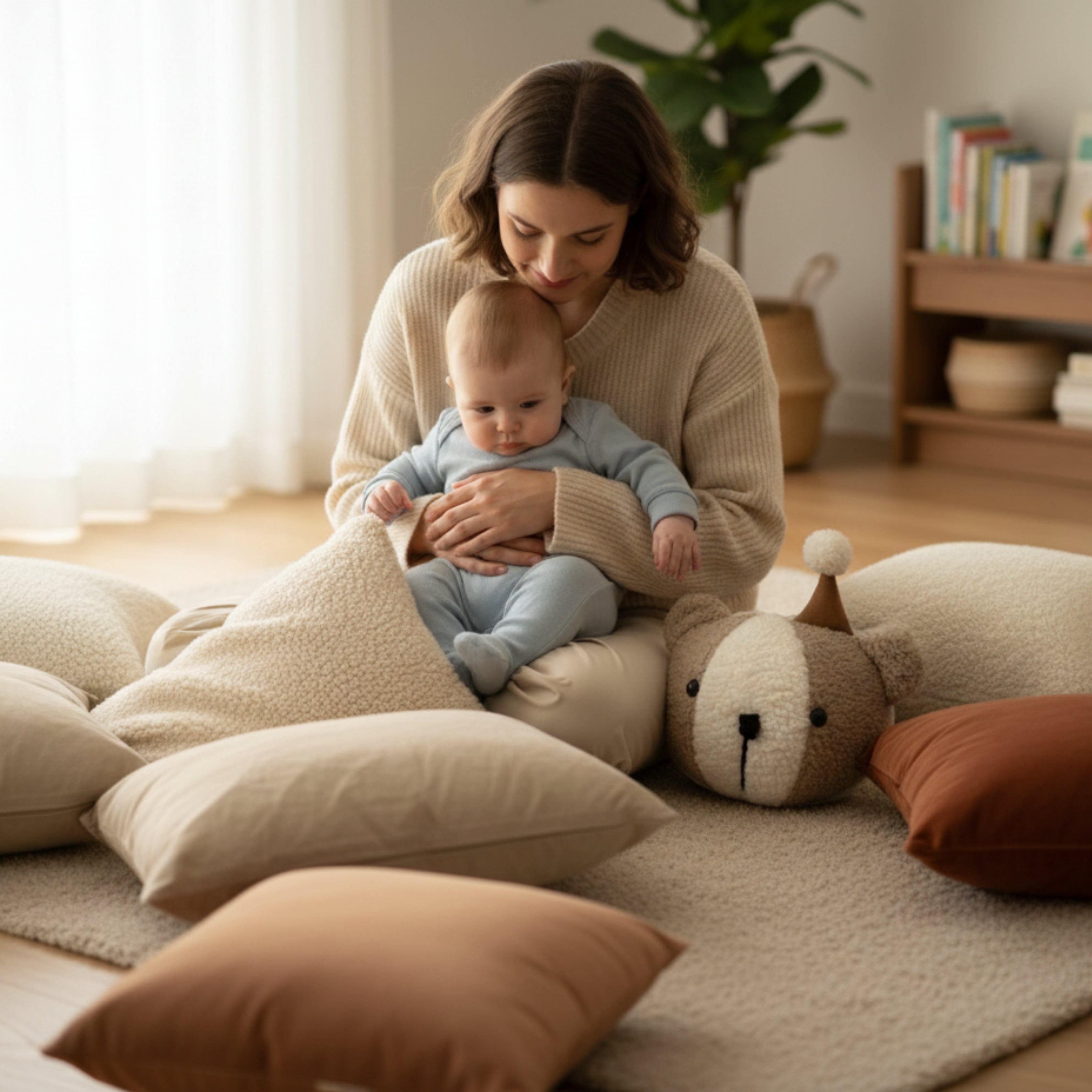 A mother and baby sitting together surrounded by soft cushions, with Tobby the Cub Sleep Companion nearby — a handmade plush bear symbolizing warmth, joy, and calm.
