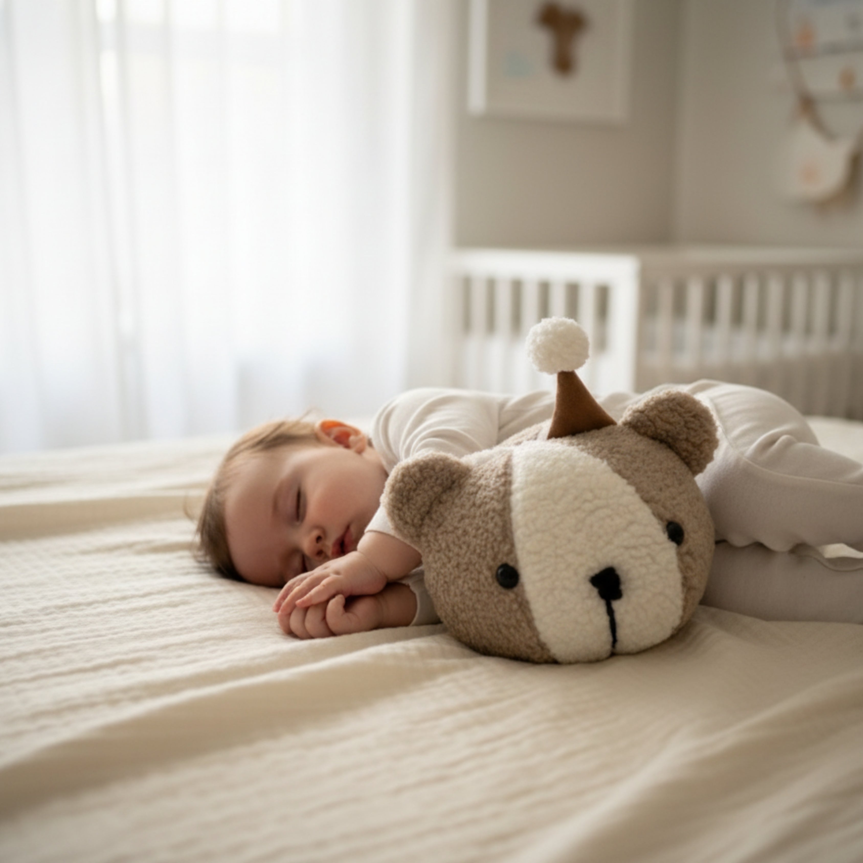 A baby peacefully sleeping beside Tobby the Cub Sleep Companion, a handmade plush bear with a small hat, symbolizing safety, warmth, and bedtime calm.