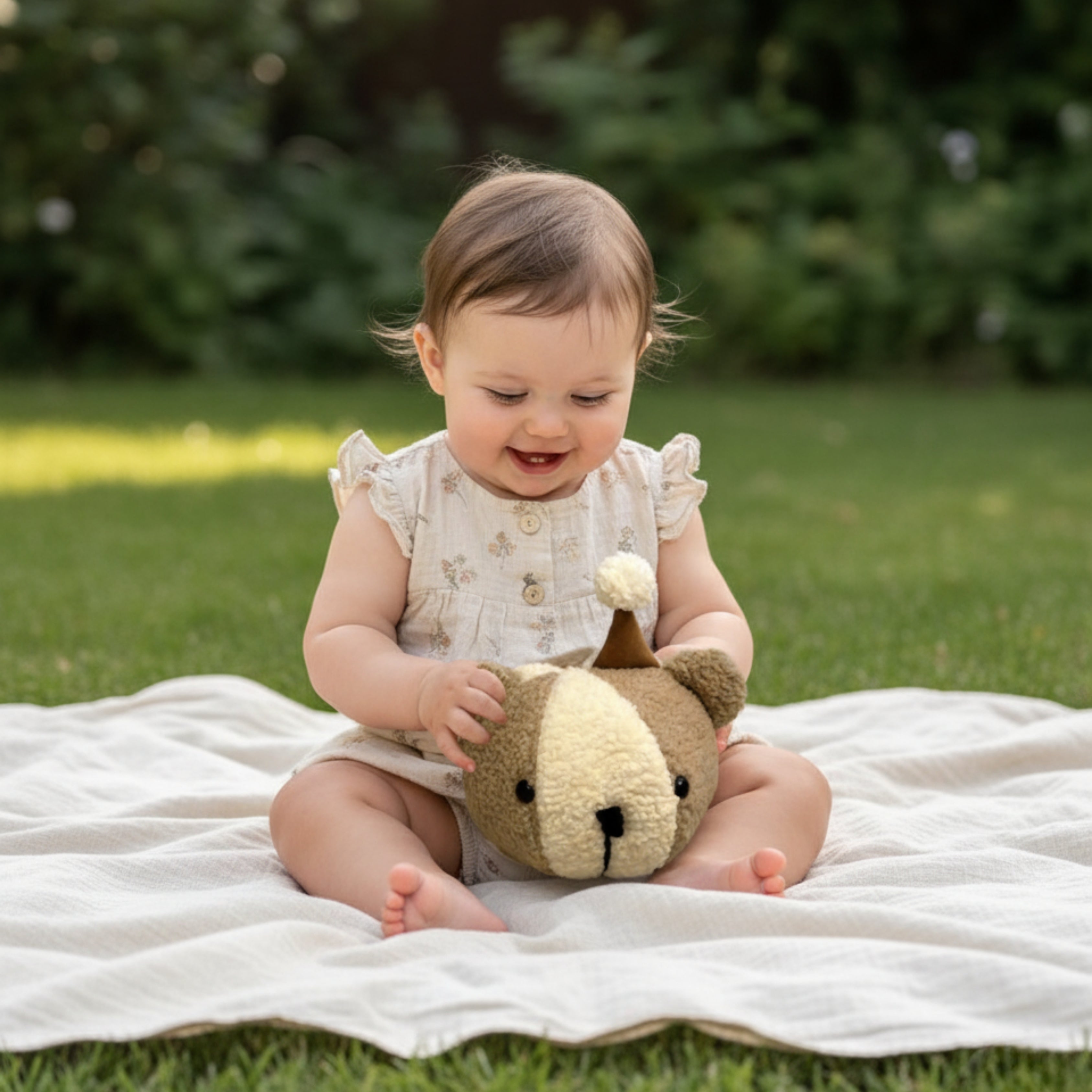 A baby sitting on a soft blanket outdoors, smiling while holding Tobby the Cub Sleep Companion — a handmade plush bear designed to bring calm comfort and playful joy.