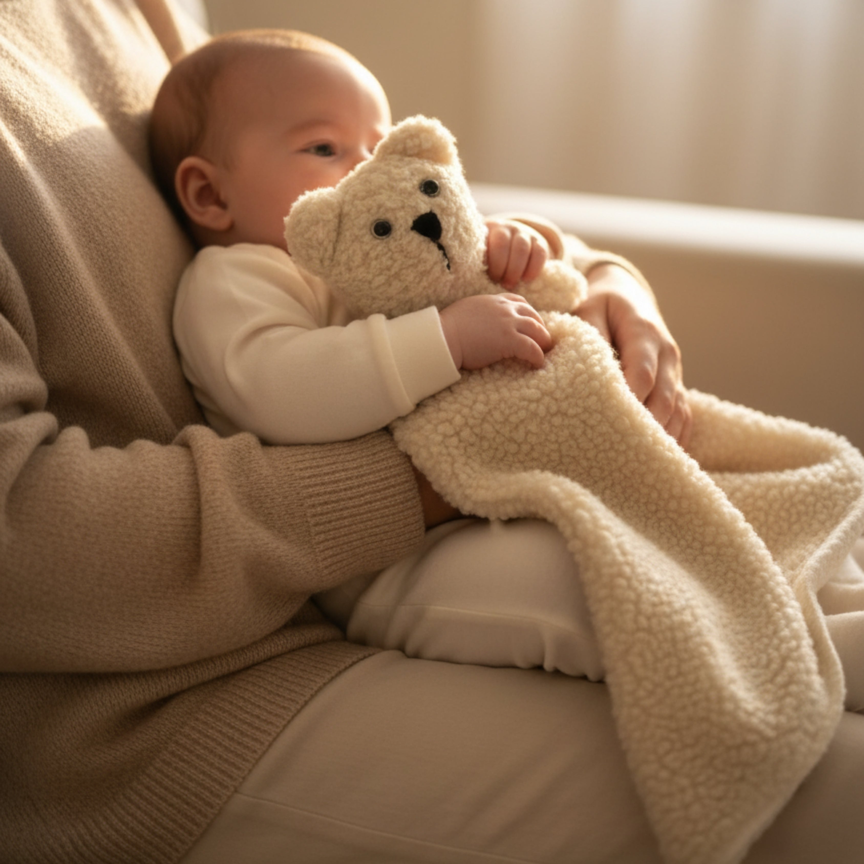 A baby resting peacefully in a parent’s arms while holding Tomo the Bear Sleep Companion — a handmade organic plush toy designed for soothing comfort and emotional security.