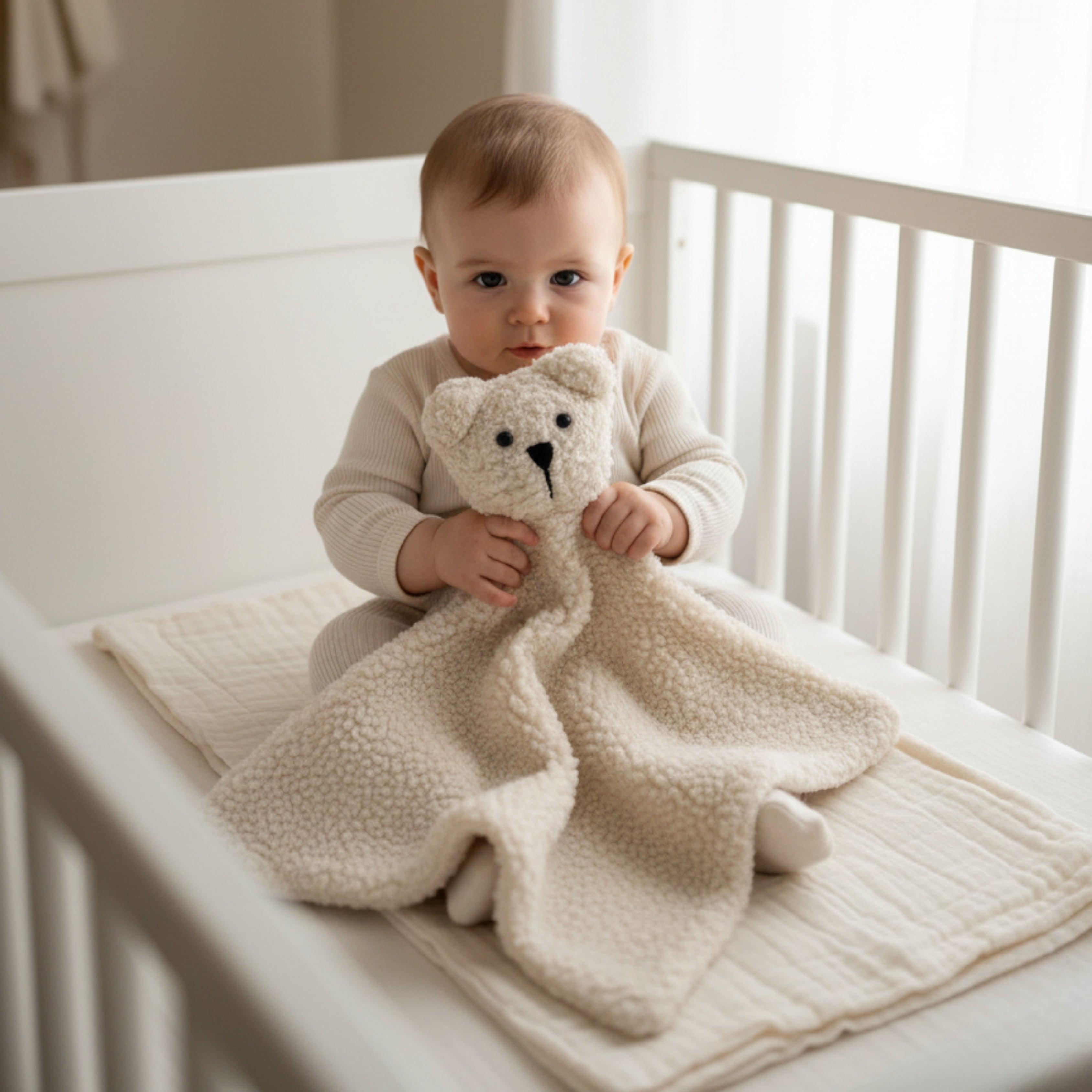 A baby sitting calmly in a crib, holding Tomo the Bear Sleep Companion — a handmade organic plush comfort toy designed for gentle sleep and security.