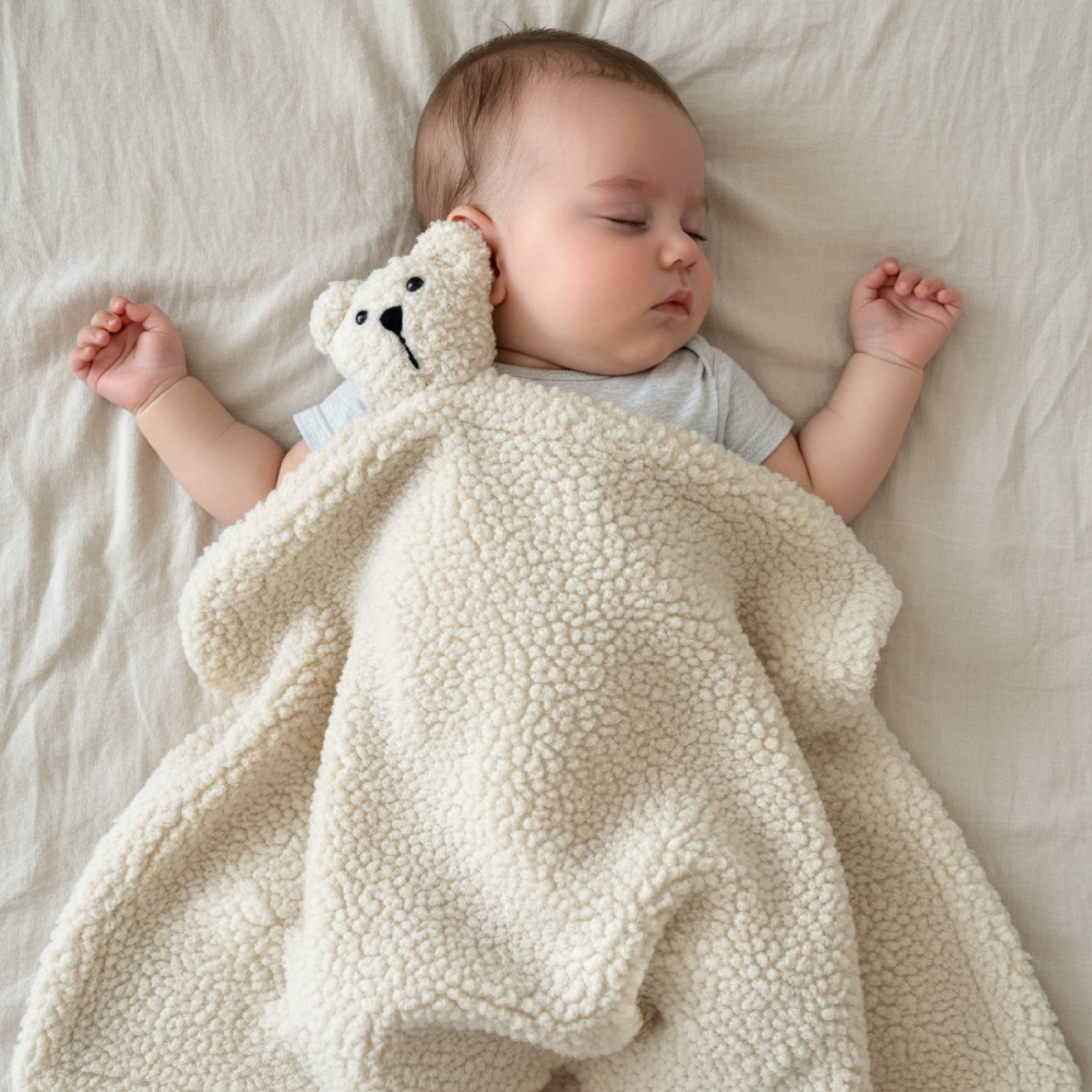 A baby peacefully sleeping with Tomo the Bear Sleep Companion — an organic plush comforter that soothes and supports restful sleep.